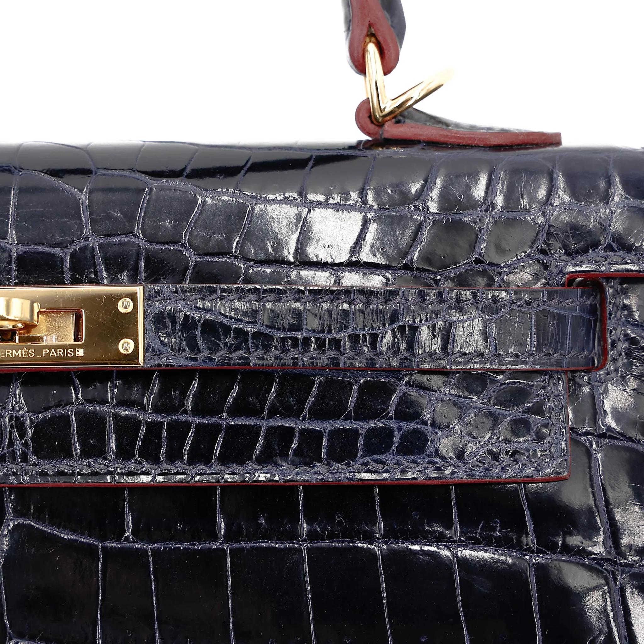 Very Good ( Rank A) HERMÈS Limited Edition Kelly 25 Sellier Navy (7U) Shiny Niloticus Crocodile Gold hardware X (2016) - 10