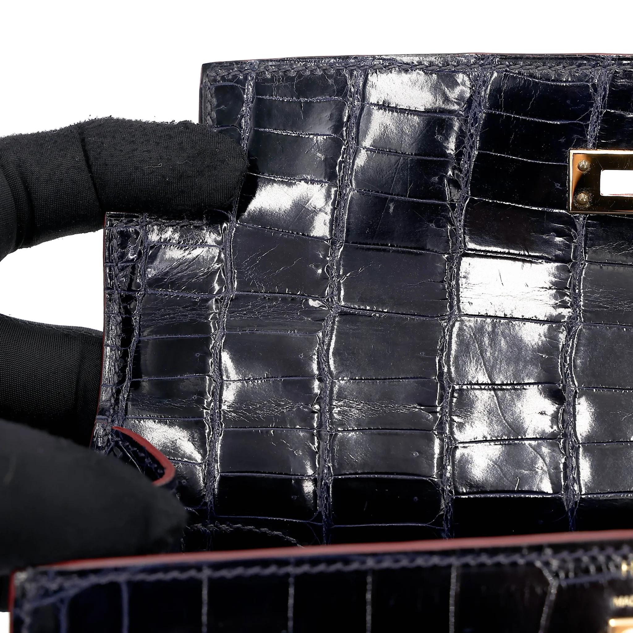 Very Good ( Rank A) HERMÈS Limited Edition Kelly 25 Sellier Navy (7U) Shiny Niloticus Crocodile Gold hardware X (2016) - 21