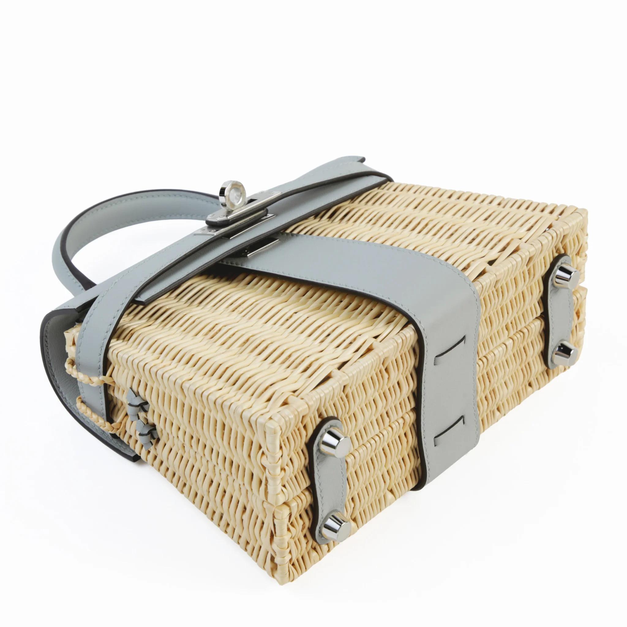 Brand New ( Rank N ) HERMÈS Limited Edition Kelly Picnic Mini Bleu Glacier (8U) Swift Osier Wicker Palladium hardware K (2025) - 4