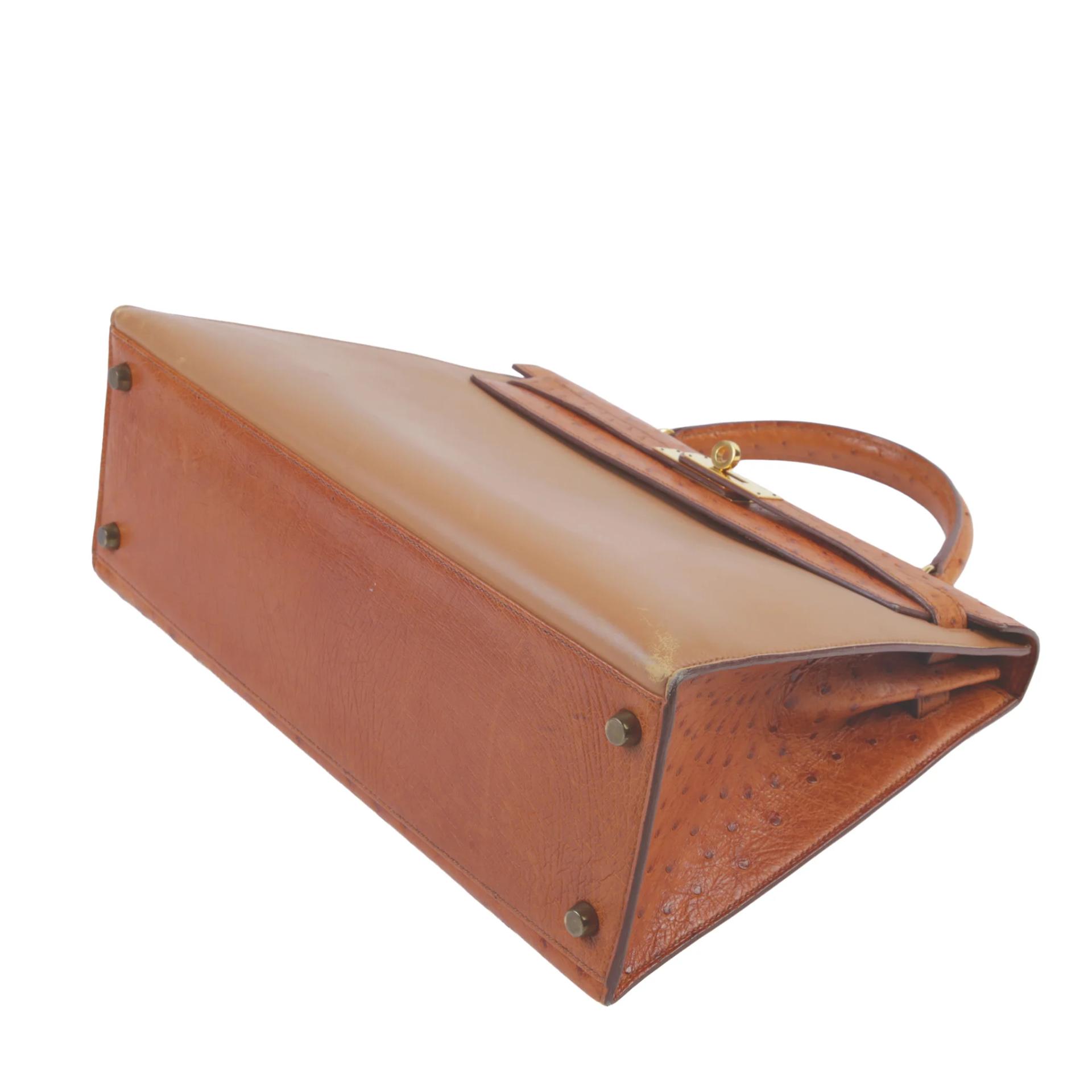 Good ( Rank AB) HERMÈS Kelly 32 Sellier Brown Ostrich Box-calf Gold hardware Circle V (1992) - 5