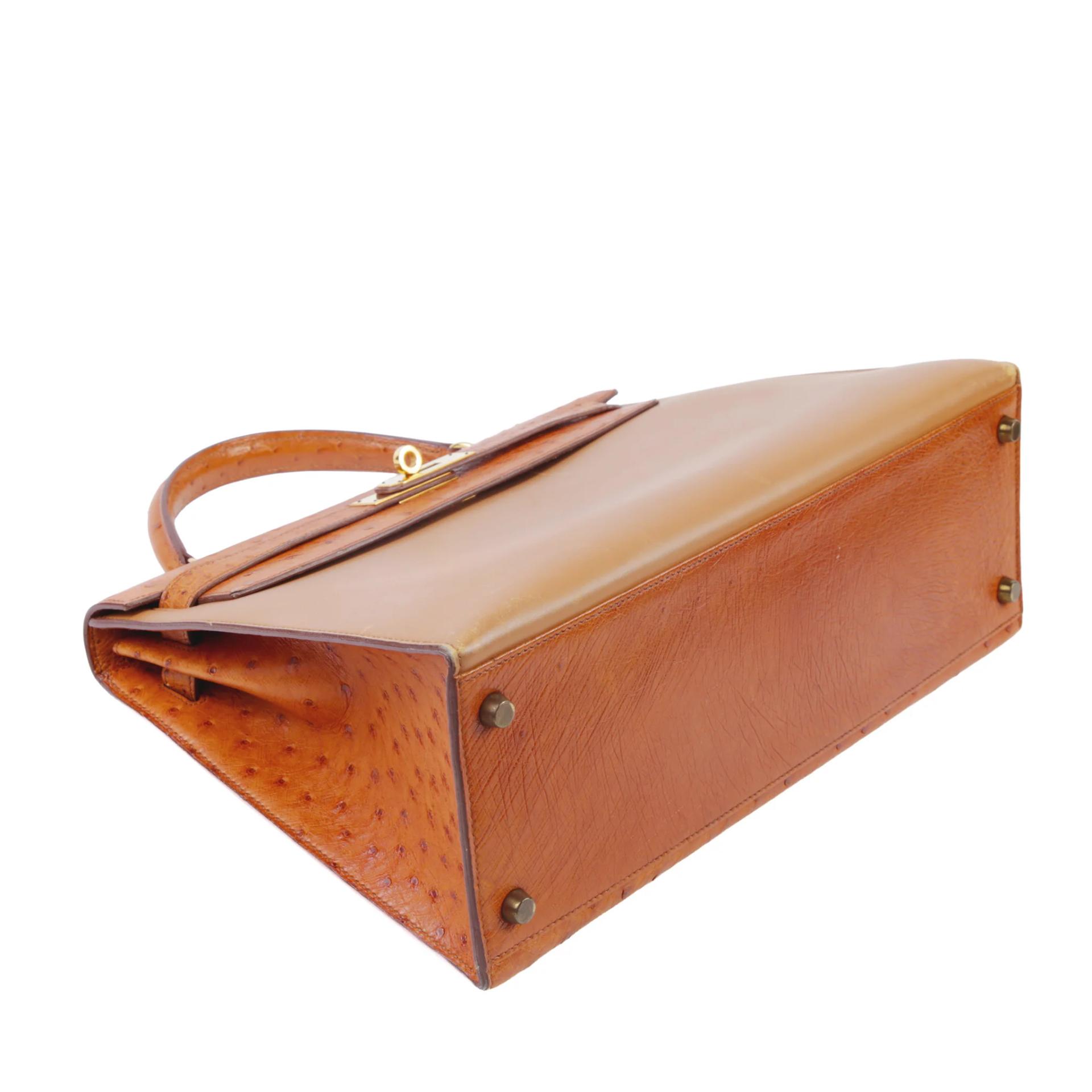 Good ( Rank AB) HERMÈS Kelly 32 Sellier Brown Ostrich Box-calf Gold hardware Circle V (1992) - 4