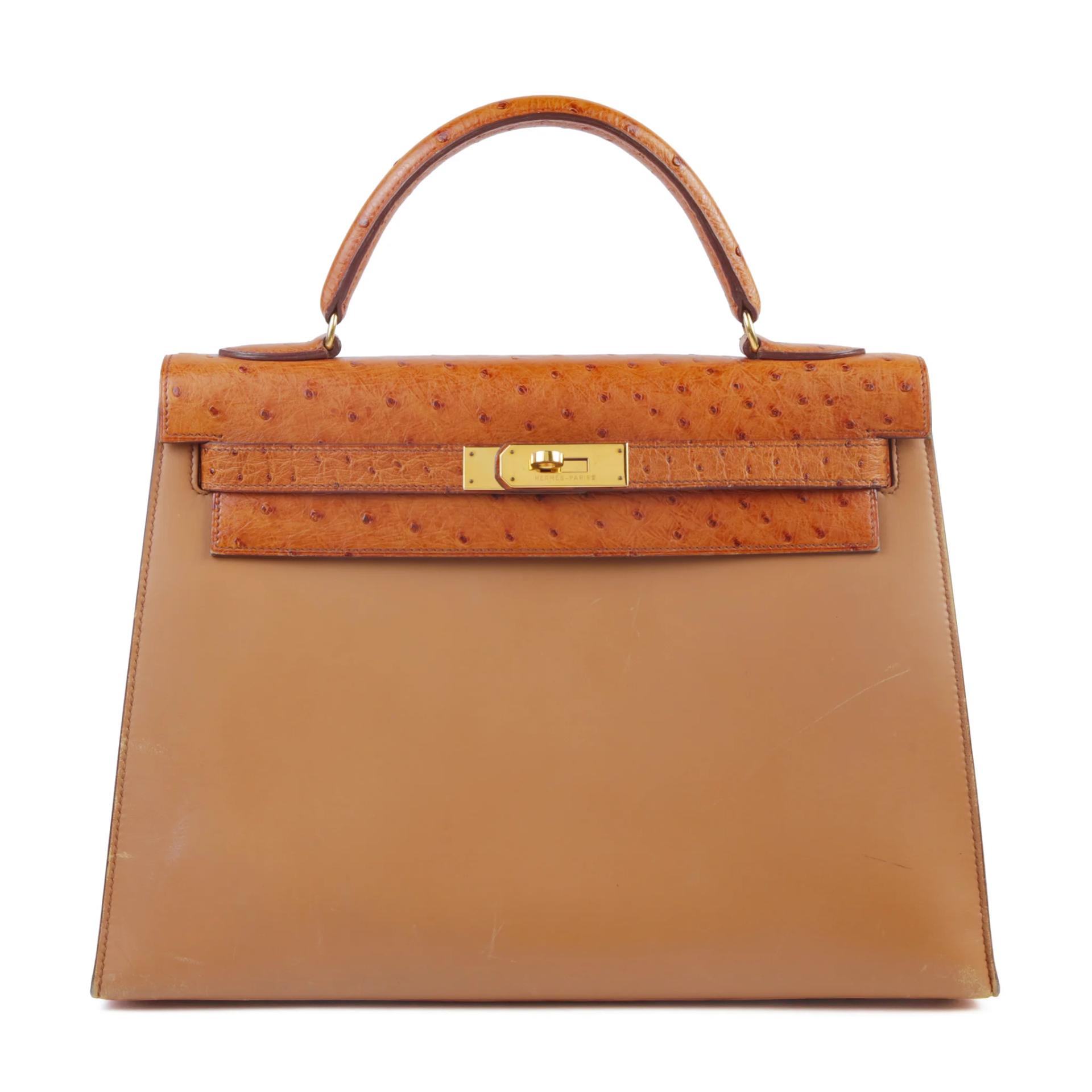 Good ( Rank AB) HERMÈS Kelly 32 Sellier Brown Ostrich Box-calf Gold hardware Circle V (1992) - 1
