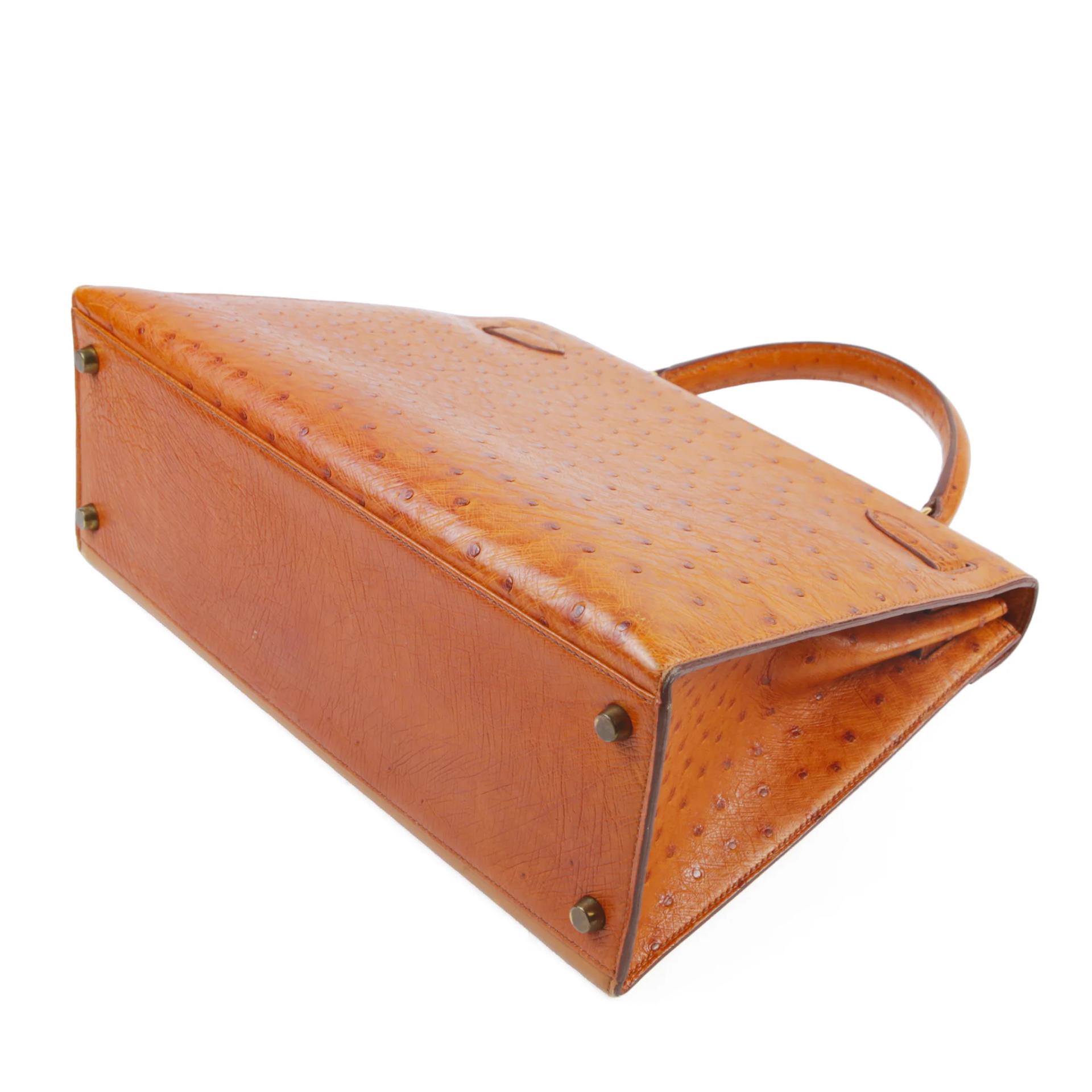 Good ( Rank AB) HERMÈS Kelly 32 Sellier Brown Ostrich Box-calf Gold hardware Circle V (1992) - 7