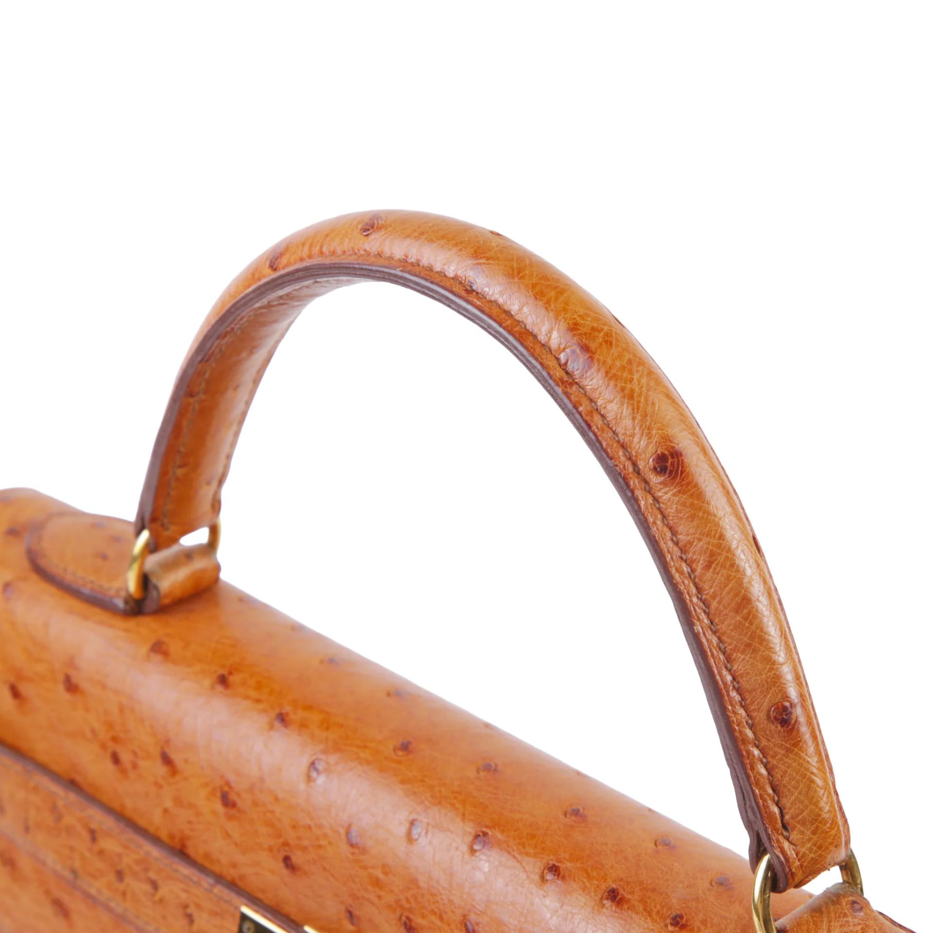 Good ( Rank AB) HERMÈS Kelly 32 Sellier Brown Ostrich Box-calf Gold hardware Circle V (1992) - 3