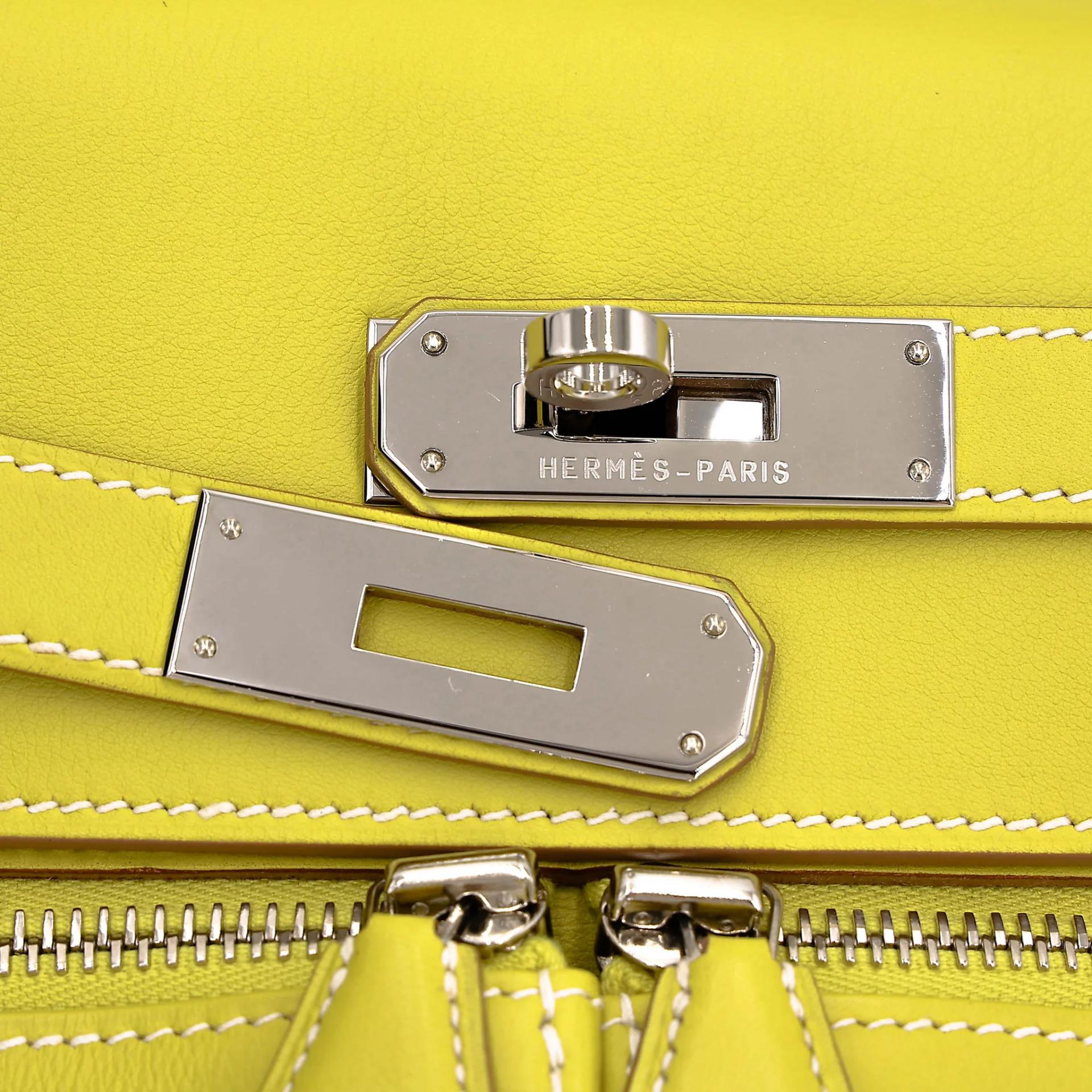 Excellent ( Rank SA ) HERMÈS Kelly Lakis 32 Lime (9R) Swift Palladium hardware Square O (2011) - 16