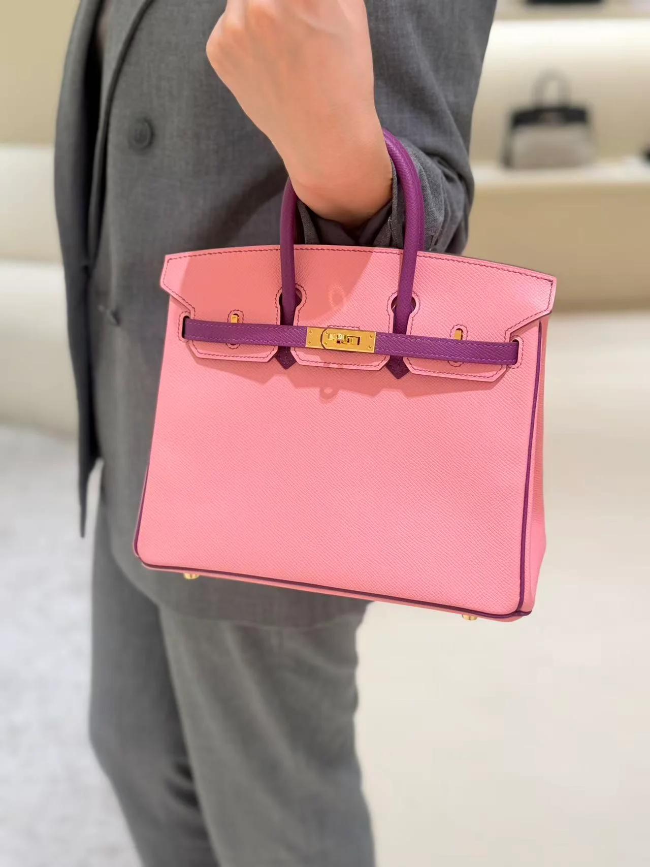 A美品 HERMÈS 愛馬仕 馬蹄印定制 Birkin 25 HSS 1Q 彩紙粉 Rose Confetti P9 海葵紫 Anemone Epsom牛皮 金扣 T刻 2015年 - 5