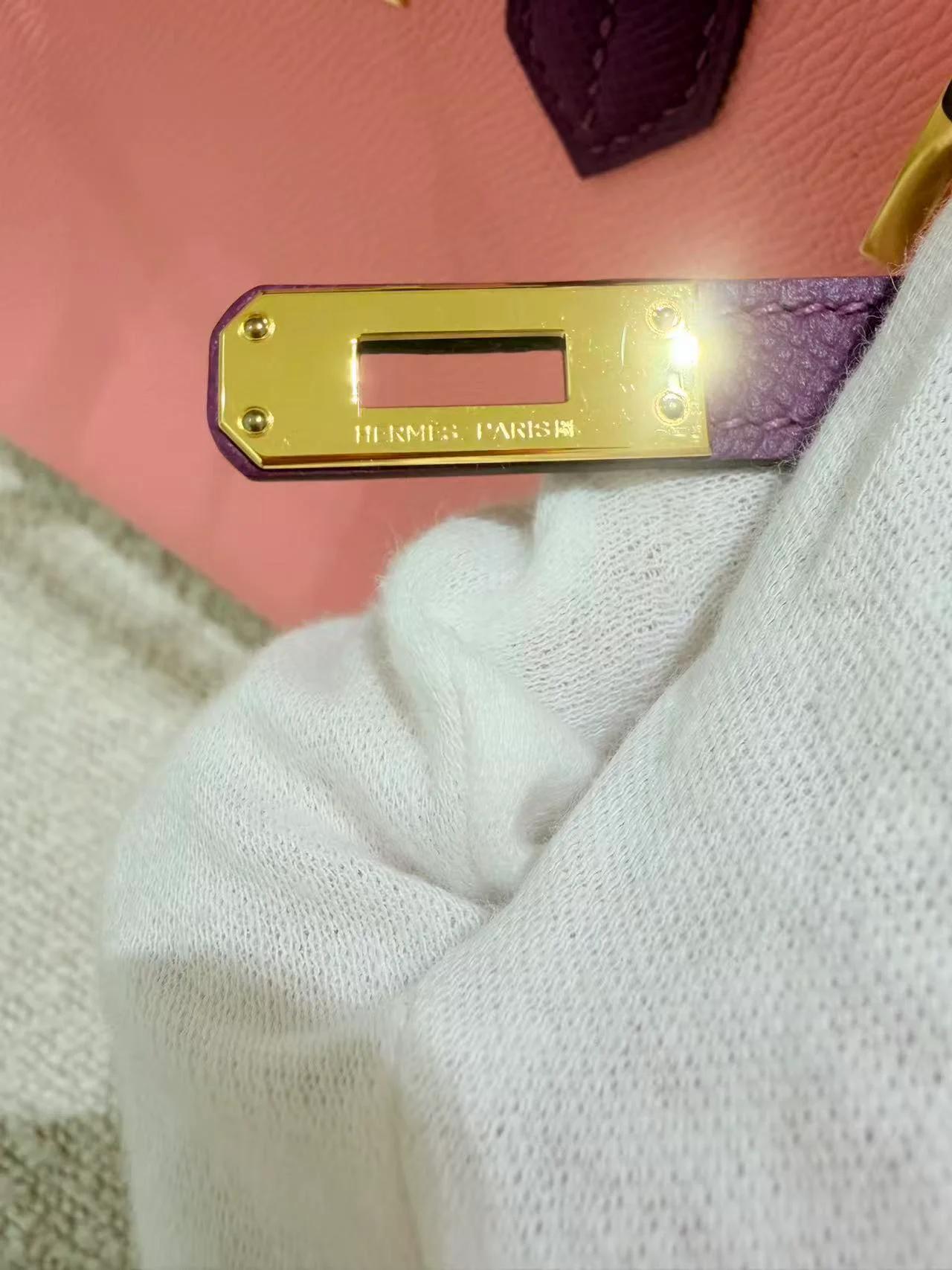A美品 HERMÈS 愛馬仕 馬蹄印定制 Birkin 25 HSS 1Q 彩紙粉 Rose Confetti P9 海葵紫 Anemone Epsom牛皮 金扣 T刻 2015年 - 14