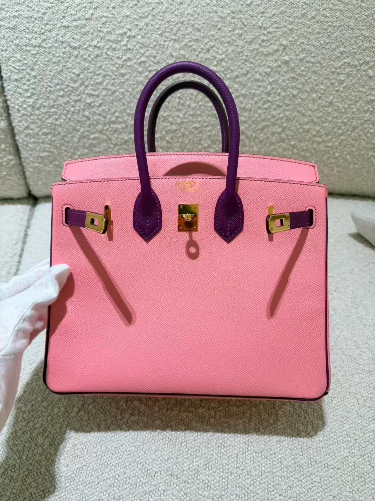 A美品 HERMÈS 愛馬仕 馬蹄印定制 Birkin 25 HSS 1Q 彩紙粉 Rose Confetti P9 海葵紫 Anemone Epsom牛皮 金扣 T刻 2015年 - 7