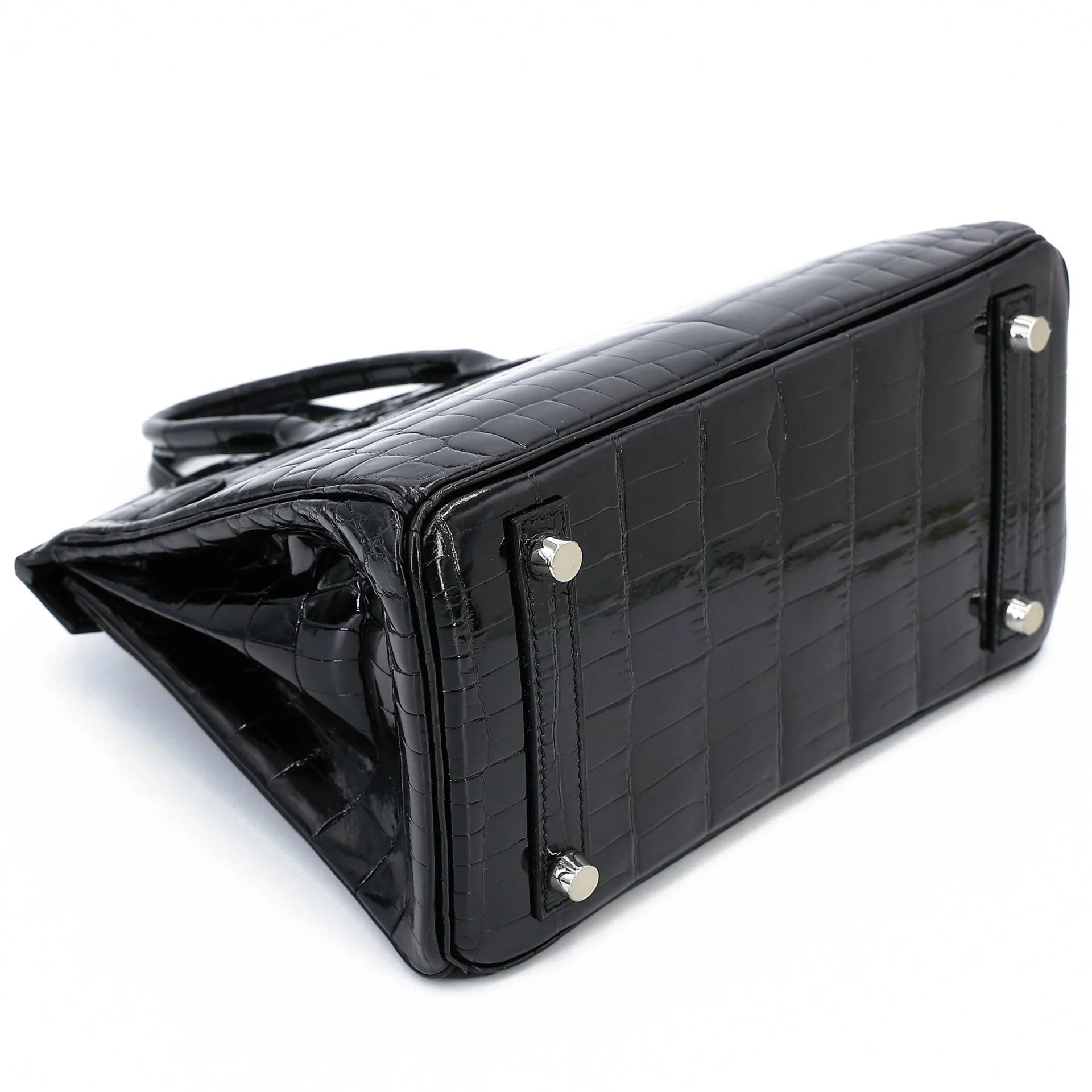 Excellent ( Rank SA ) HERMÈS Birkin 25 Noir (89) Shiny Niloticus Crocodile Palladium hardware A (2017) - 7