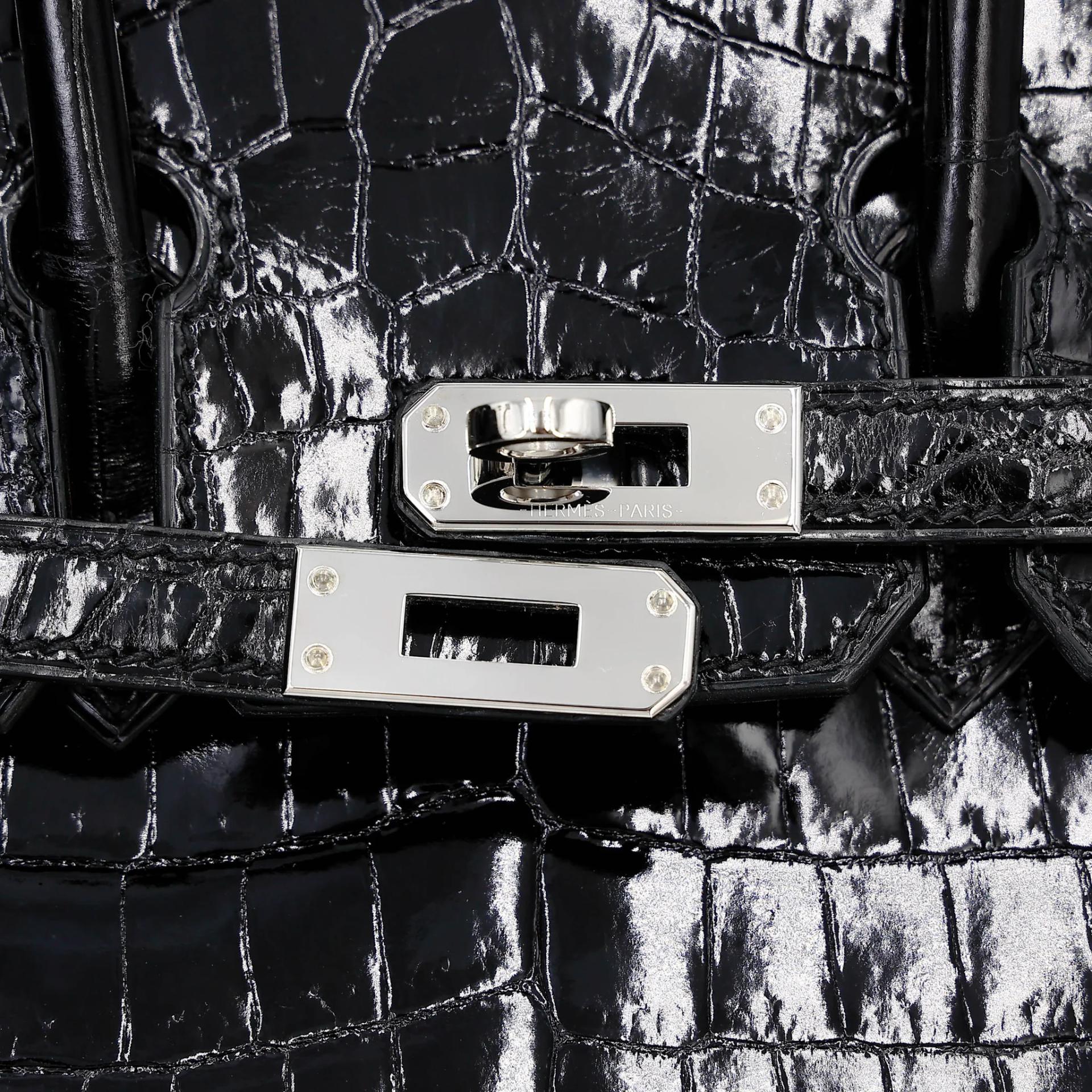 Excellent ( Rank SA ) HERMÈS Birkin 25 Noir (89) Shiny Niloticus Crocodile Palladium hardware A (2017) - 19