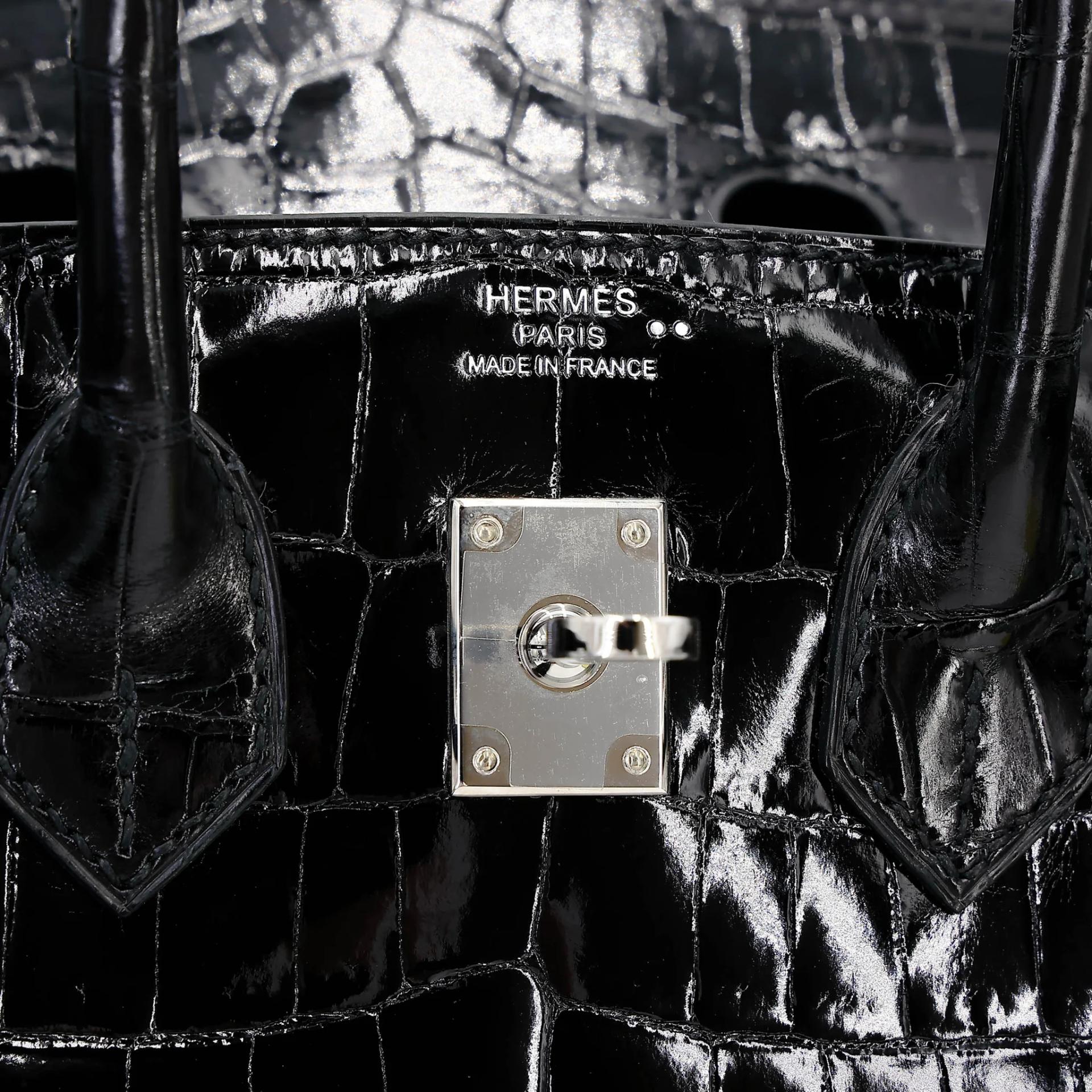 Excellent ( Rank SA ) HERMÈS Birkin 25 Noir (89) Shiny Niloticus Crocodile Palladium hardware A (2017) - 21