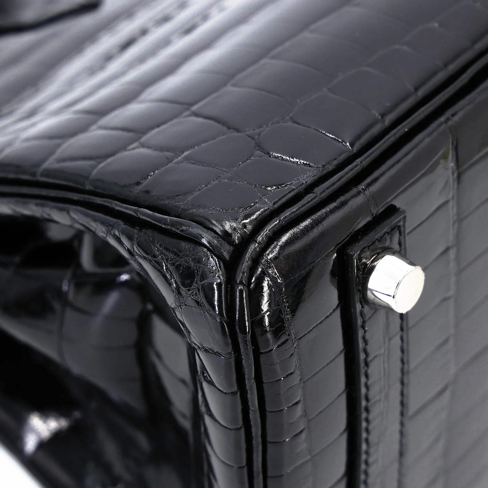 Excellent ( Rank SA ) HERMÈS Birkin 25 Noir (89) Shiny Niloticus Crocodile Palladium hardware A (2017) - 11