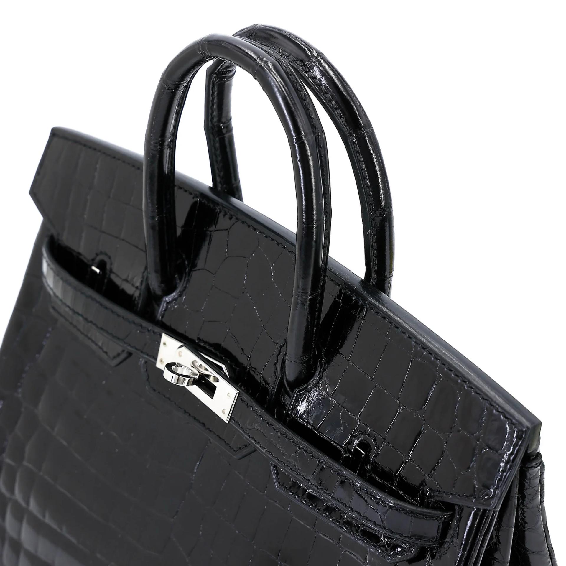Excellent ( Rank SA ) HERMÈS Birkin 25 Noir (89) Shiny Niloticus Crocodile Palladium hardware A (2017) - 3