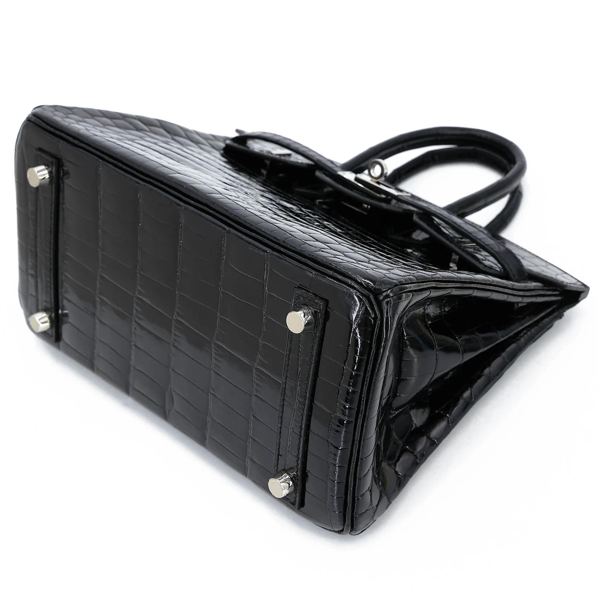 Excellent ( Rank SA ) HERMÈS Birkin 25 Noir (89) Shiny Niloticus Crocodile Palladium hardware A (2017) - 4