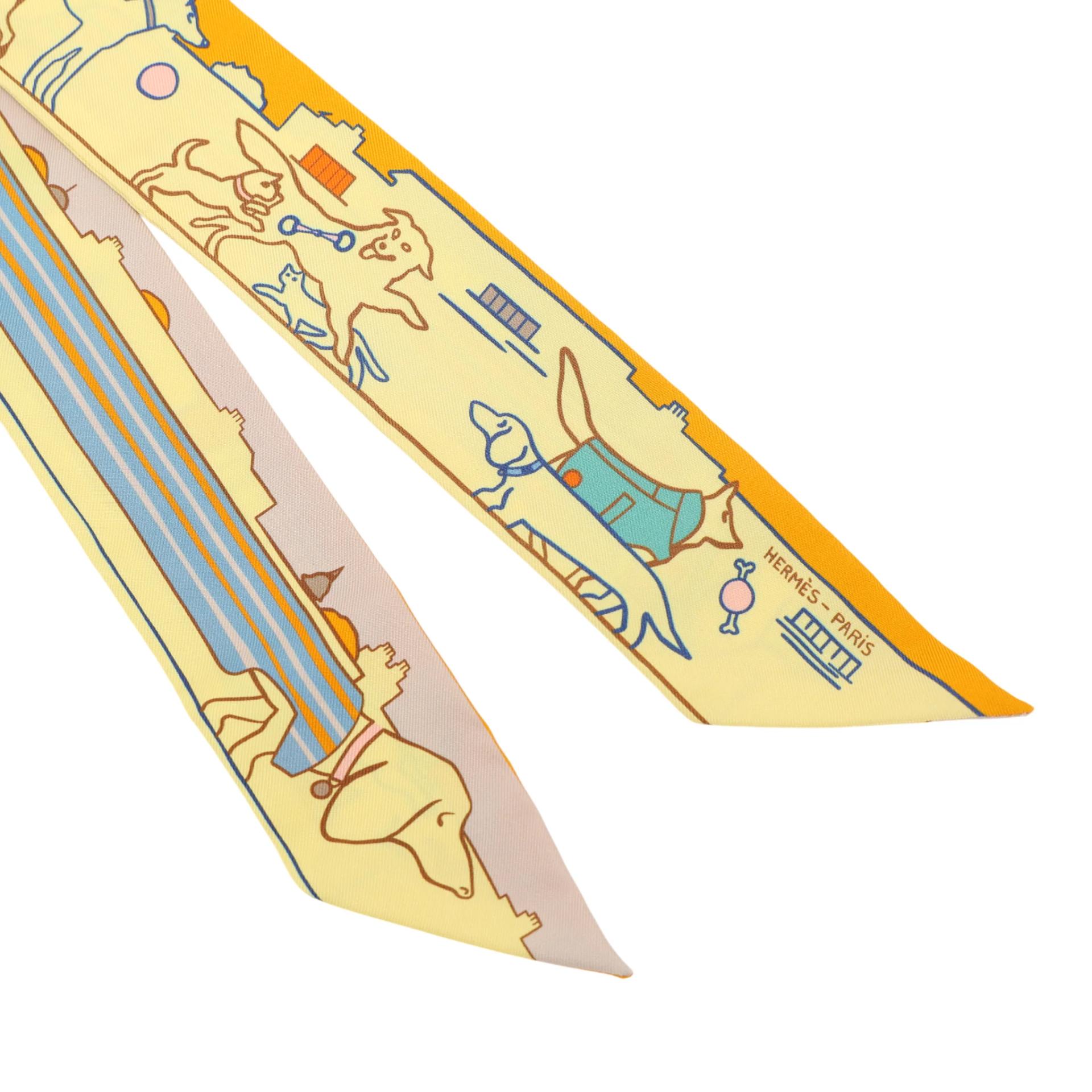Brand New ( Rank N ) HERMÈS Twilly Les Chiens Parisiens Yellow Silk - 3