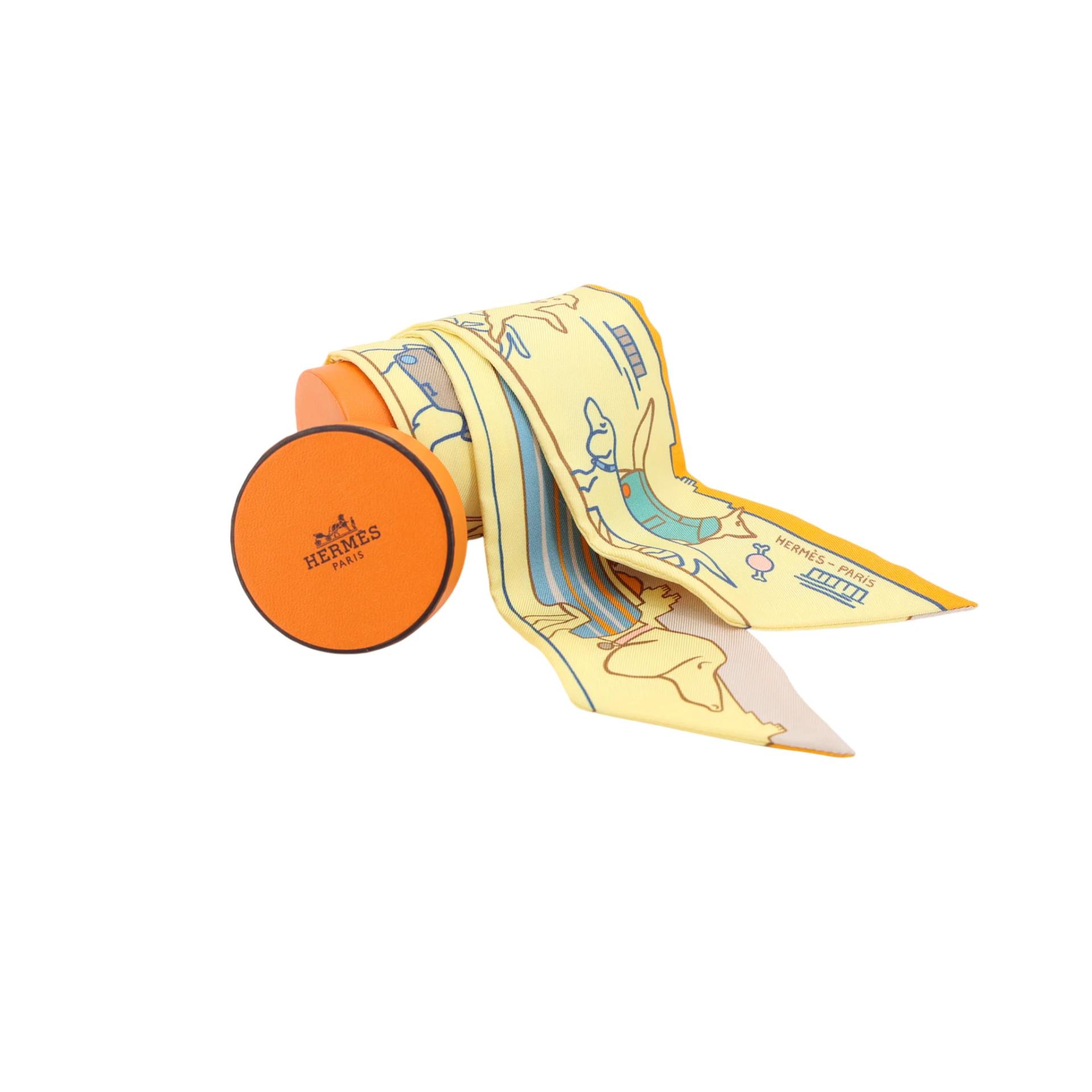 Brand New ( Rank N ) HERMÈS Twilly Les Chiens Parisiens Yellow Silk - 4