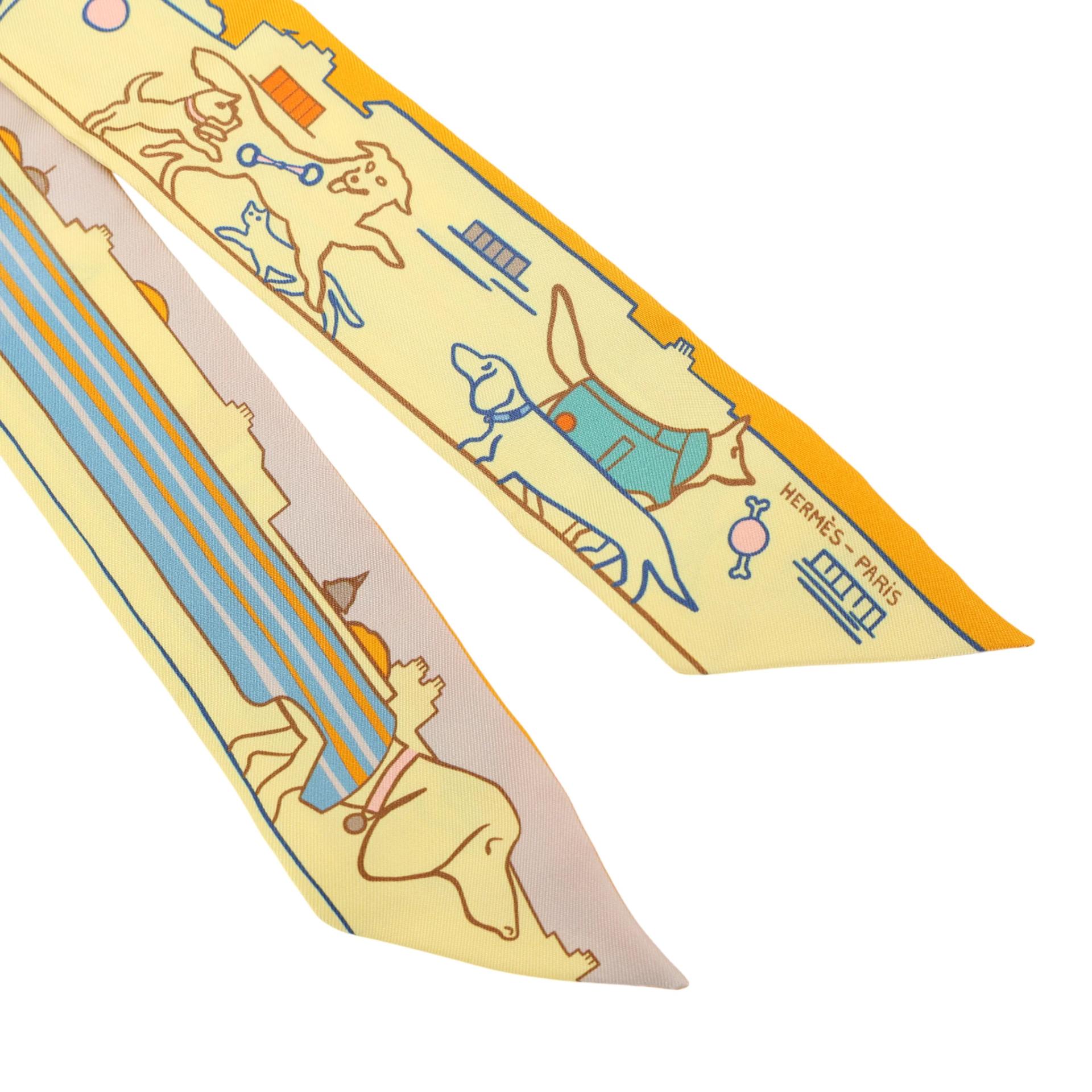 Brand New ( Rank N ) HERMÈS Twilly Les Chiens Parisiens Yellow Silk - 3