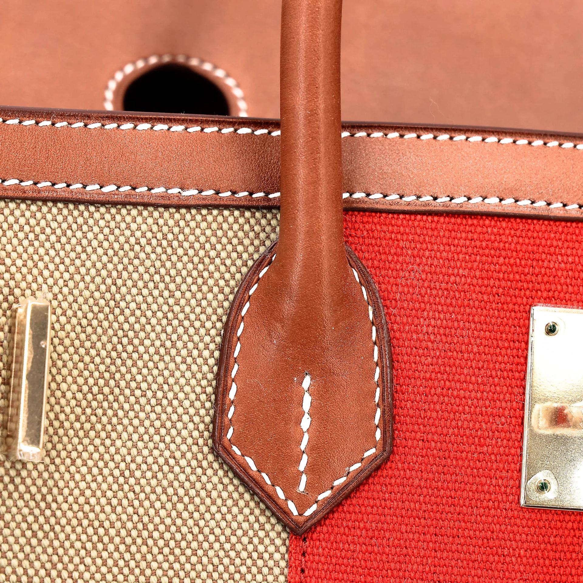 Excellent ( Rank SA ) HERMÈS Limited Edition Birkin 35 Flag Fauve (34) Barenia Toile H canvas Permabrass hardware Square R (2014) - 23