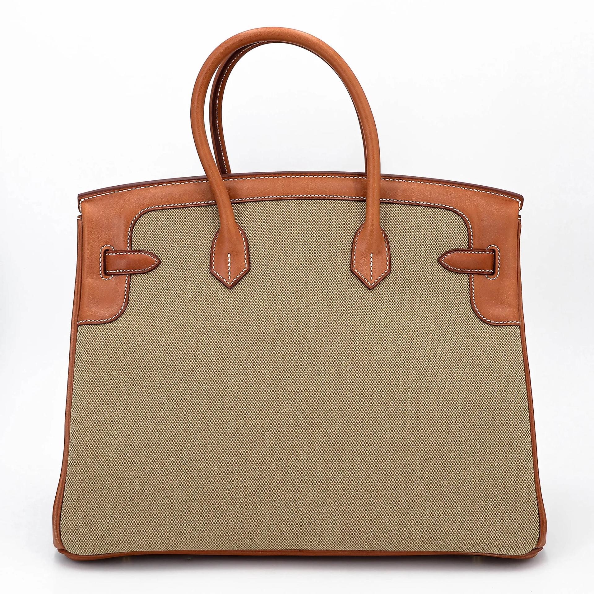 Excellent ( Rank SA ) HERMÈS Limited Edition Birkin 35 Flag Fauve (34) Barenia Toile H canvas Permabrass hardware Square R (2014) - 2