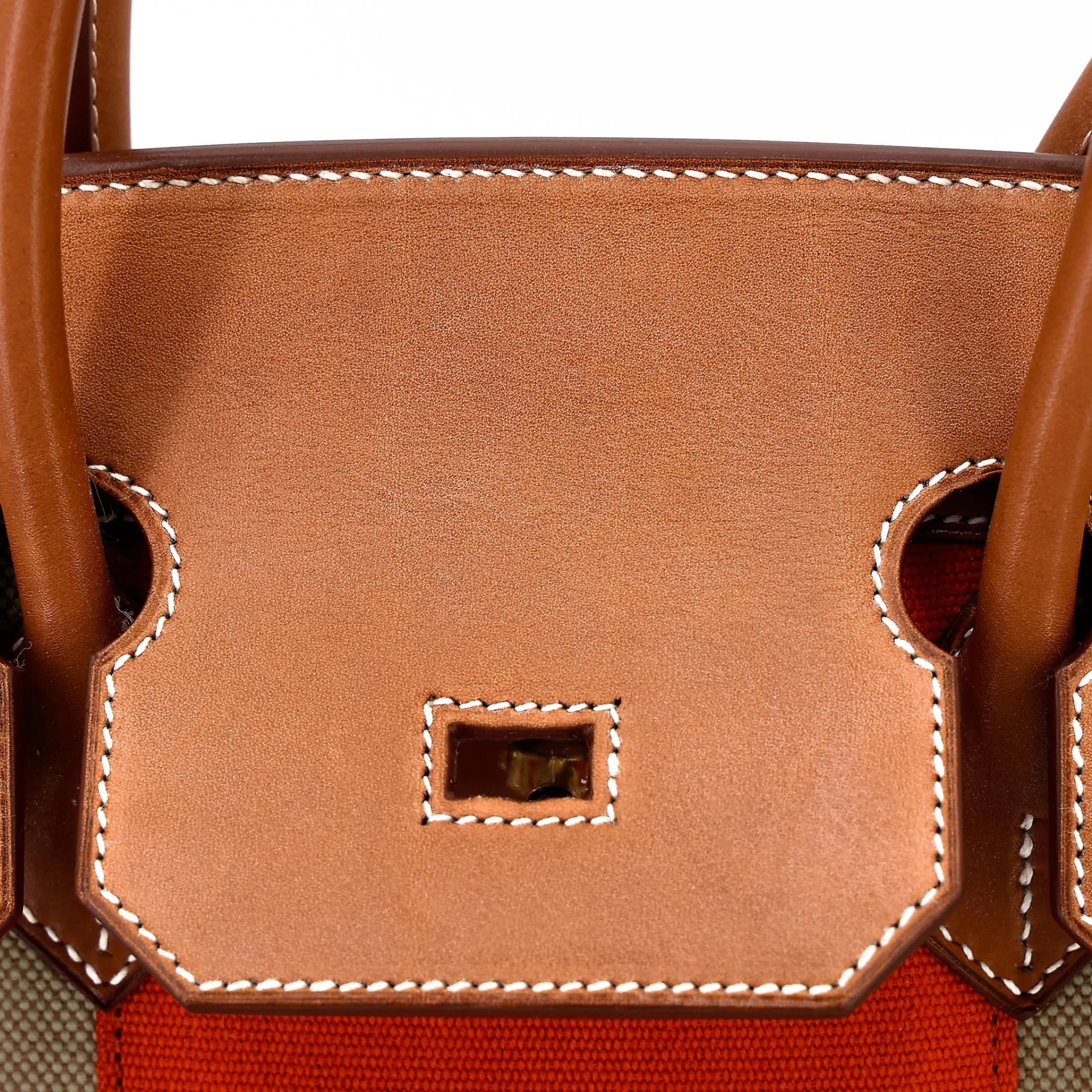 Excellent ( Rank SA ) HERMÈS Limited Edition Birkin 35 Flag Fauve (34) Barenia Toile H canvas Permabrass hardware Square R (2014) - 19