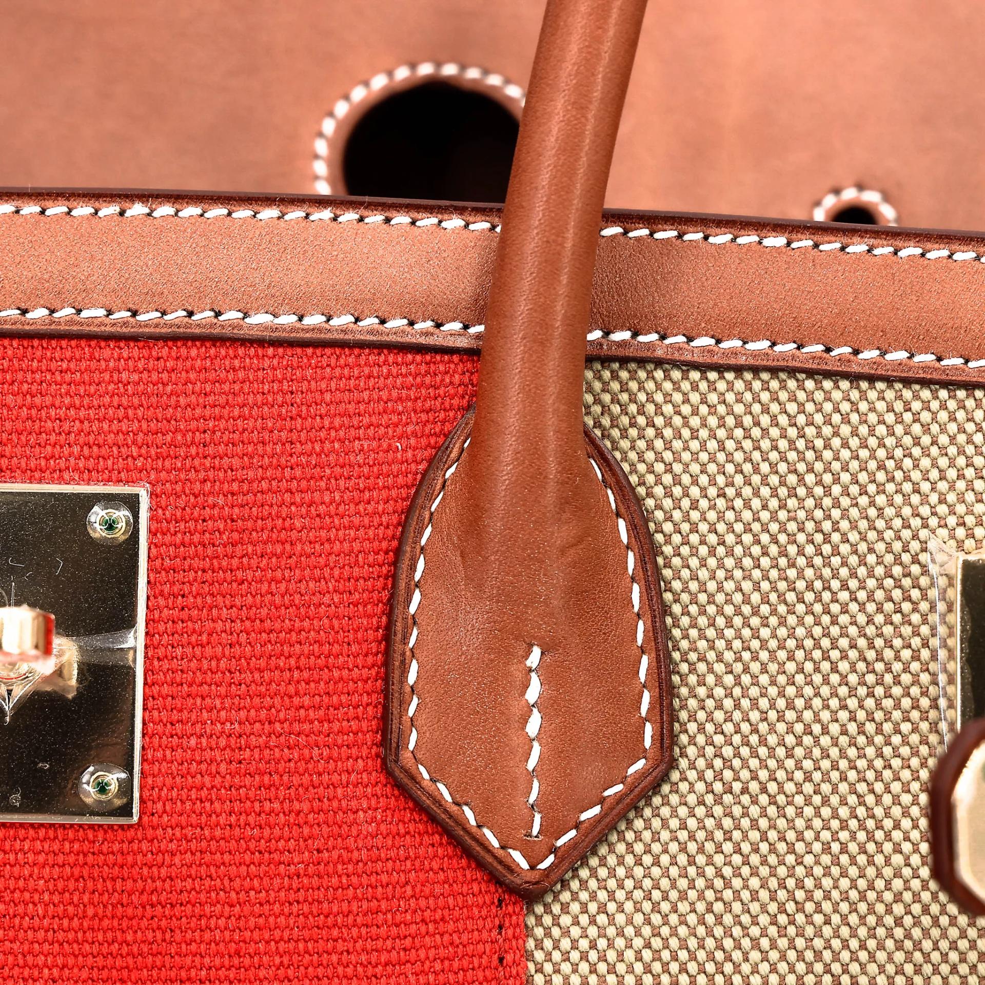 Excellent ( Rank SA ) HERMÈS Limited Edition Birkin 35 Flag Fauve (34) Barenia Toile H canvas Permabrass hardware Square R (2014) - 24