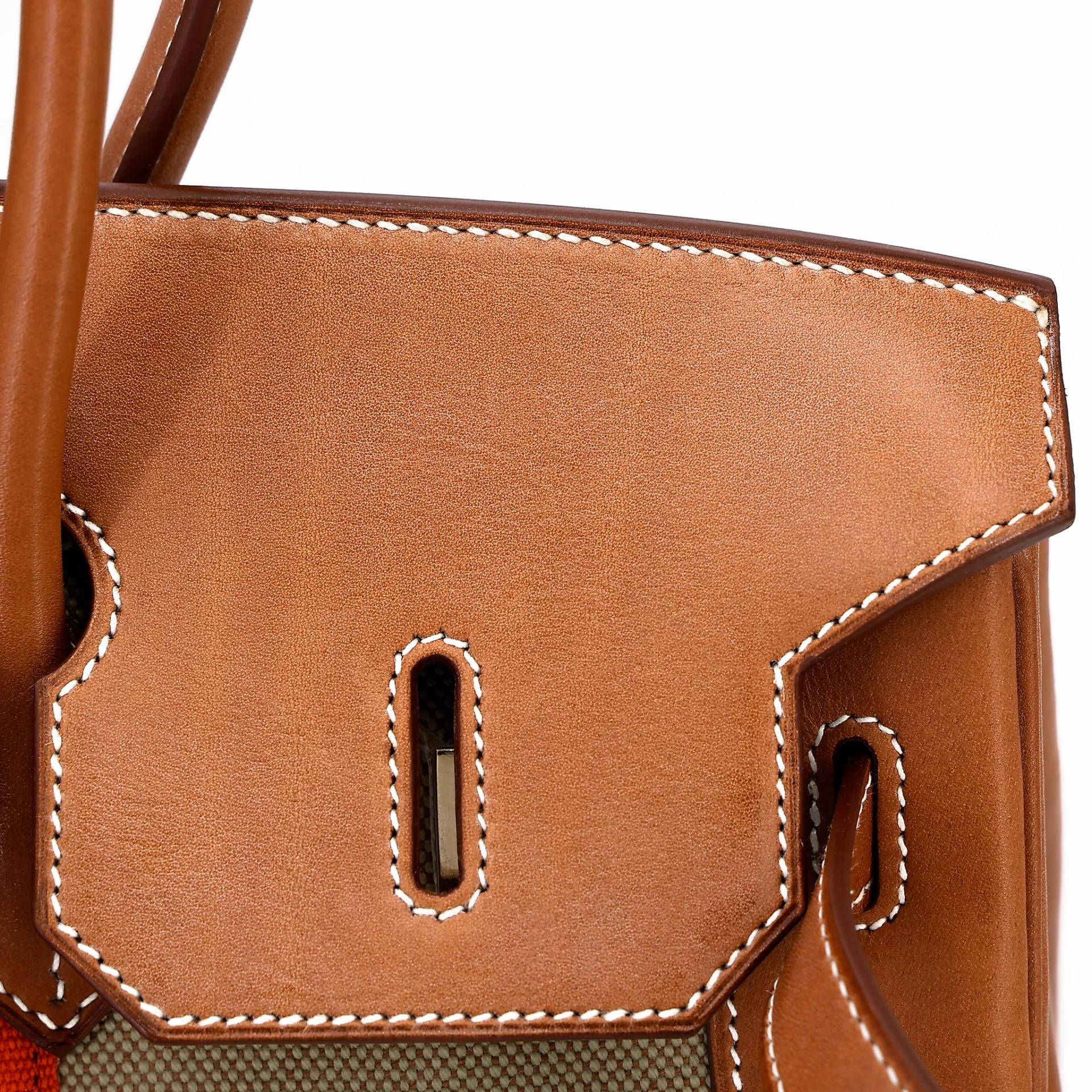 Excellent ( Rank SA ) HERMÈS Limited Edition Birkin 35 Flag Fauve (34) Barenia Toile H canvas Permabrass hardware Square R (2014) - 18