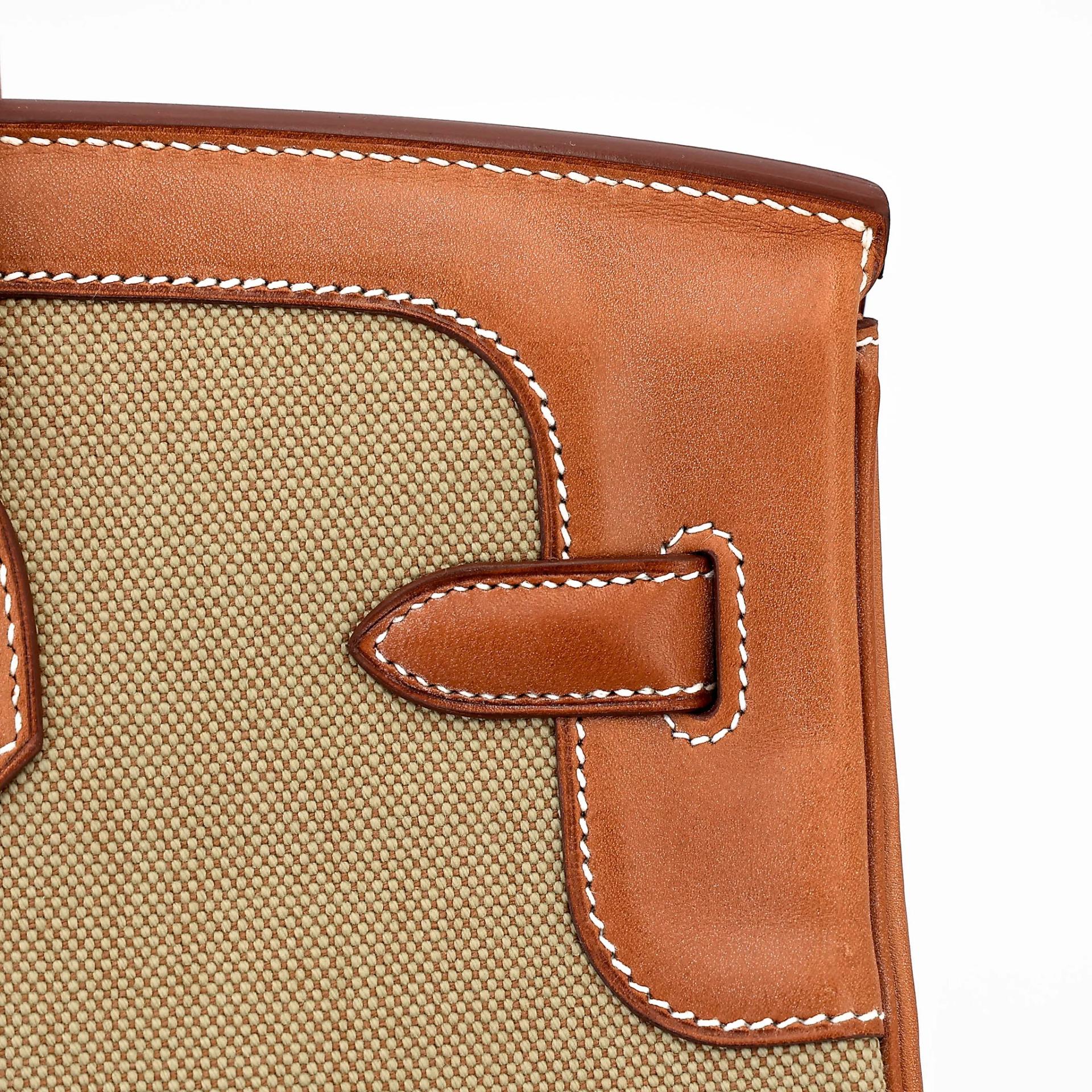 Excellent ( Rank SA ) HERMÈS Limited Edition Birkin 35 Flag Fauve (34) Barenia Toile H canvas Permabrass hardware Square R (2014) - 9