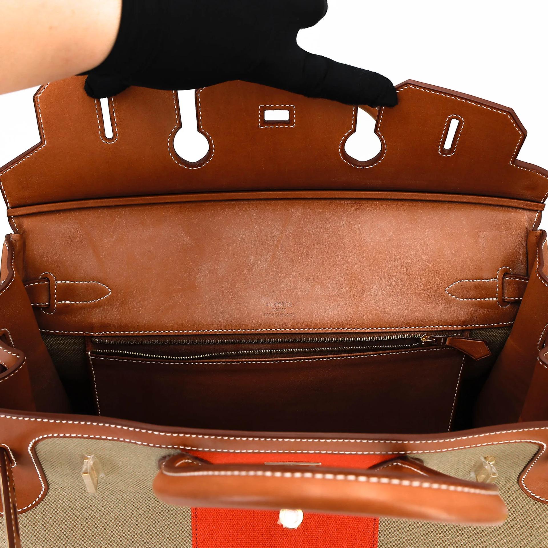 Excellent ( Rank SA ) HERMÈS Limited Edition Birkin 35 Flag Fauve (34) Barenia Toile H canvas Permabrass hardware Square R (2014) - 30