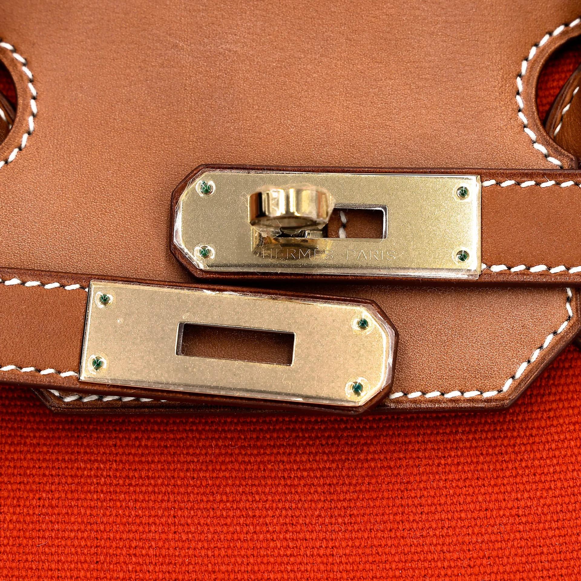Excellent ( Rank SA ) HERMÈS Limited Edition Birkin 35 Flag Fauve (34) Barenia Toile H canvas Permabrass hardware Square R (2014) - 15
