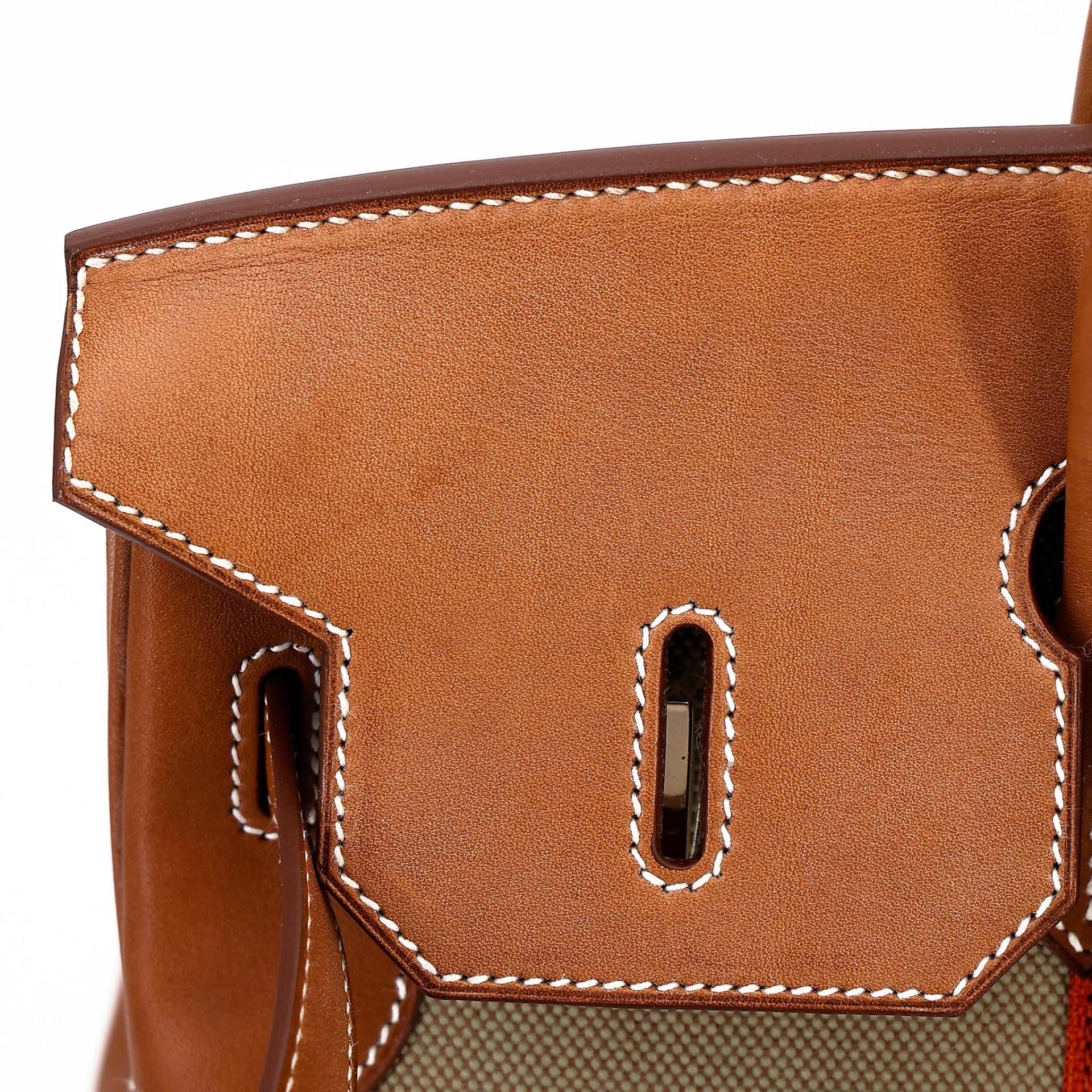 Excellent ( Rank SA ) HERMÈS Limited Edition Birkin 35 Flag Fauve (34) Barenia Toile H canvas Permabrass hardware Square R (2014) - 20