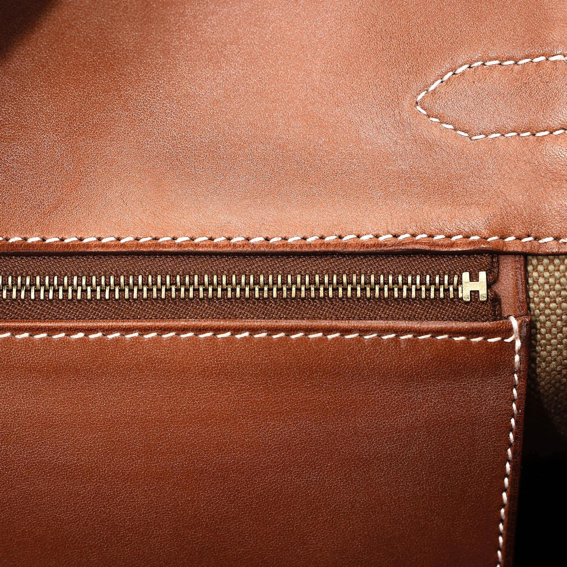 Excellent ( Rank SA ) HERMÈS Limited Edition Birkin 35 Flag Fauve (34) Barenia Toile H canvas Permabrass hardware Square R (2014) - 33