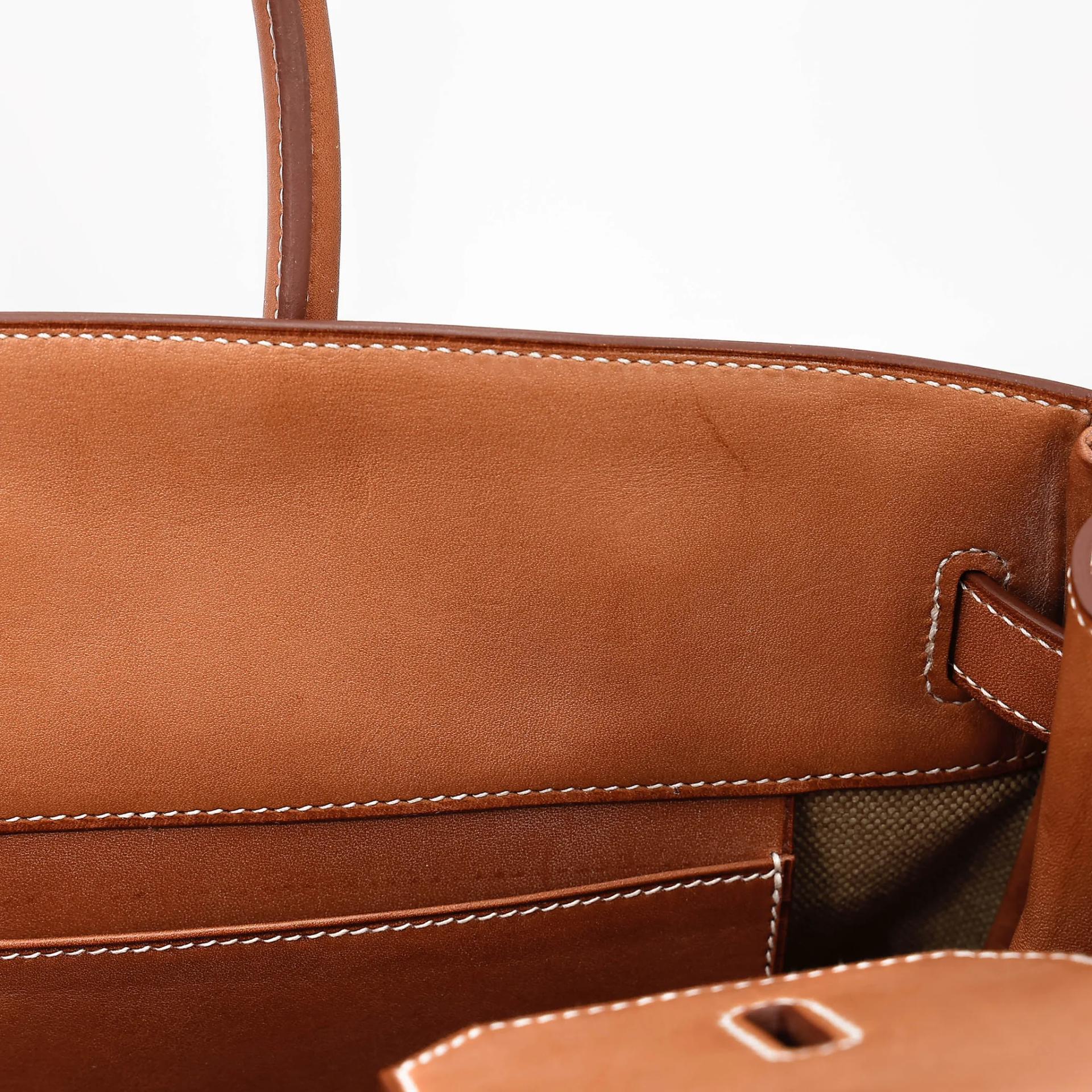 Excellent ( Rank SA ) HERMÈS Limited Edition Birkin 35 Flag Fauve (34) Barenia Toile H canvas Permabrass hardware Square R (2014) - 36