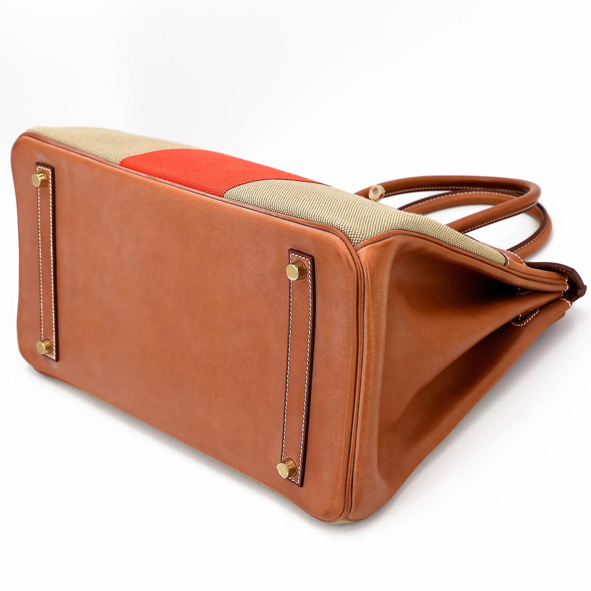 Excellent ( Rank SA ) HERMÈS Limited Edition Birkin 35 Flag Fauve (34) Barenia Toile H canvas Permabrass hardware Square R (2014) - 5
