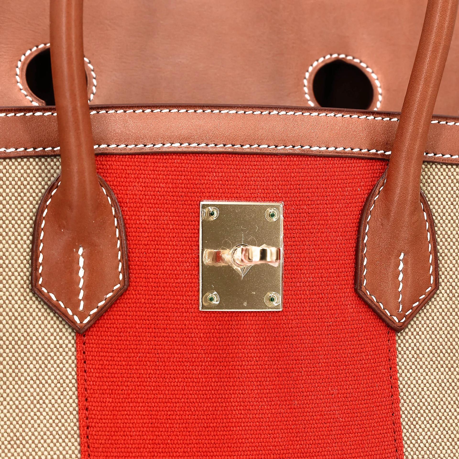 Excellent ( Rank SA ) HERMÈS Limited Edition Birkin 35 Flag Fauve (34) Barenia Toile H canvas Permabrass hardware Square R (2014) - 26