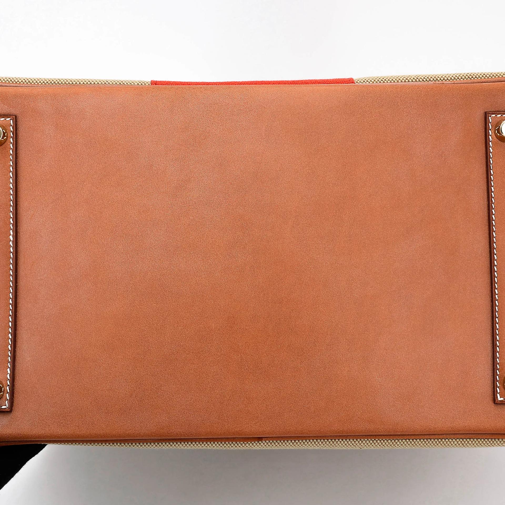 Excellent ( Rank SA ) HERMÈS Limited Edition Birkin 35 Flag Fauve (34) Barenia Toile H canvas Permabrass hardware Square R (2014) - 12