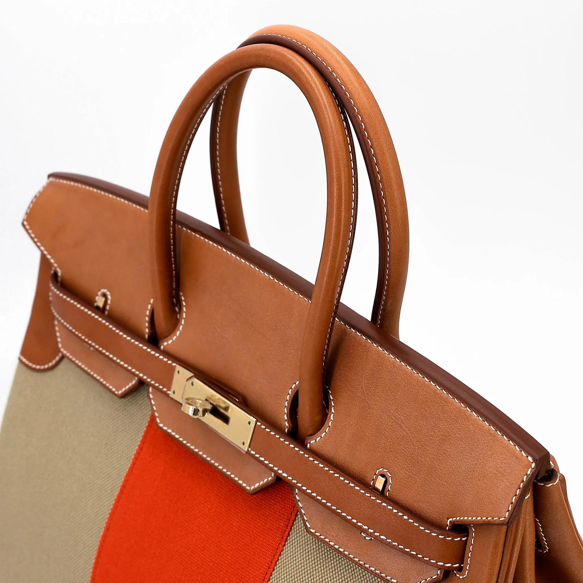 Excellent ( Rank SA ) HERMÈS Limited Edition Birkin 35 Flag Fauve (34) Barenia Toile H canvas Permabrass hardware Square R (2014) - 3