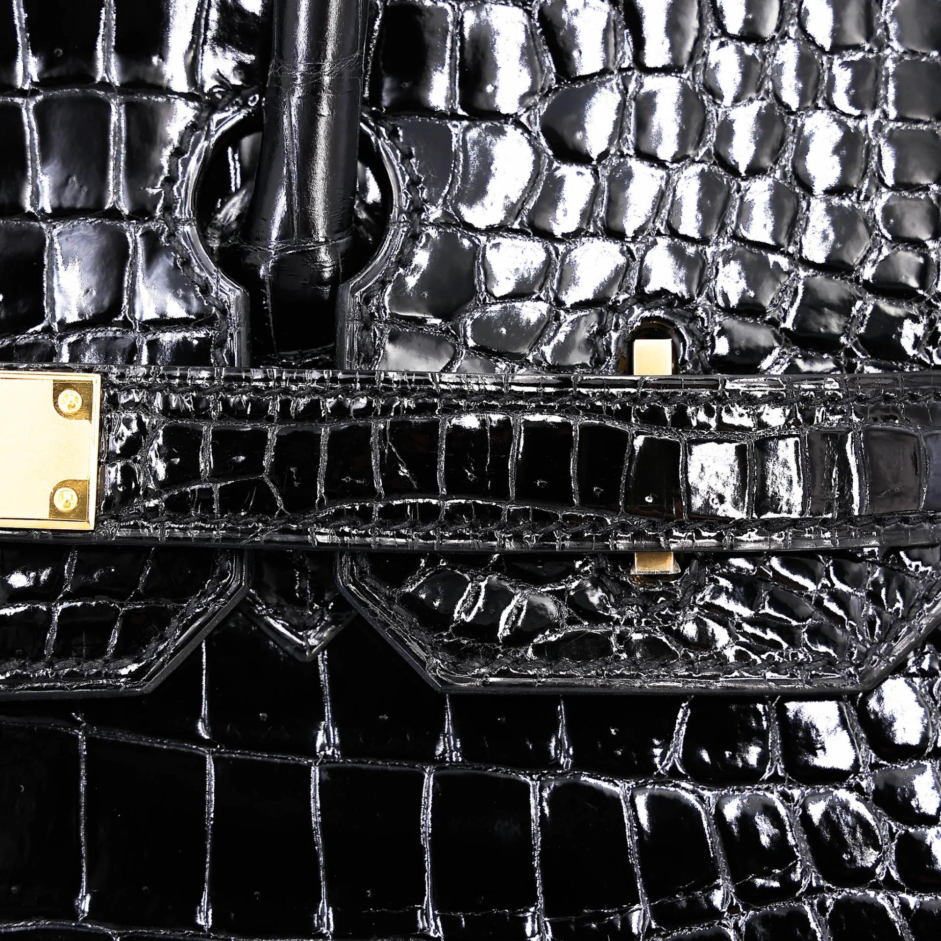 Excellent ( Rank SA ) HERMÈS Birkin 30 Sellier Noir (89) Shiny Porosus Crocodile Gold hardware Z (2021) - 13