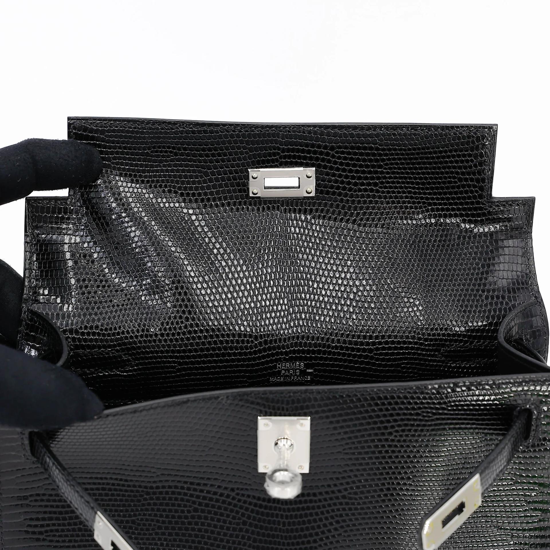 Brand New ( Rank N ) HERMÈS Kelly Pochette Noir (89) Shiny Lizard Palladium hardware K (2025) - 12