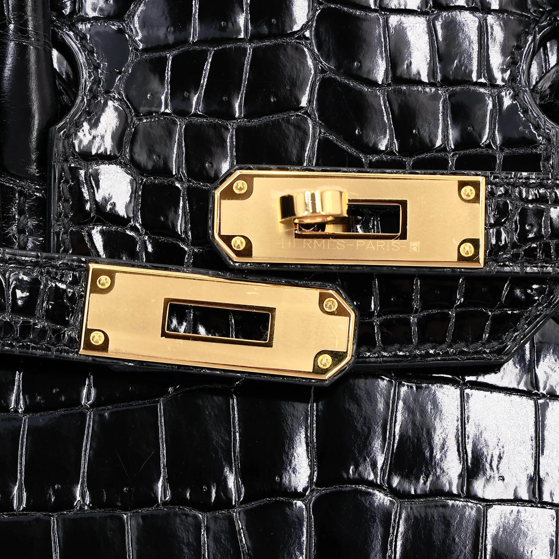 Excellent ( Rank SA ) HERMÈS Birkin 30 Sellier Noir (89) Shiny Porosus Crocodile Gold hardware Z (2021) - 10