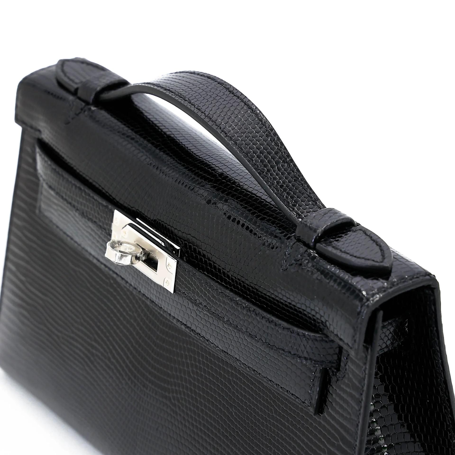 Brand New ( Rank N ) HERMÈS Kelly Pochette Noir (89) Shiny Lizard Palladium hardware K (2025) - 3