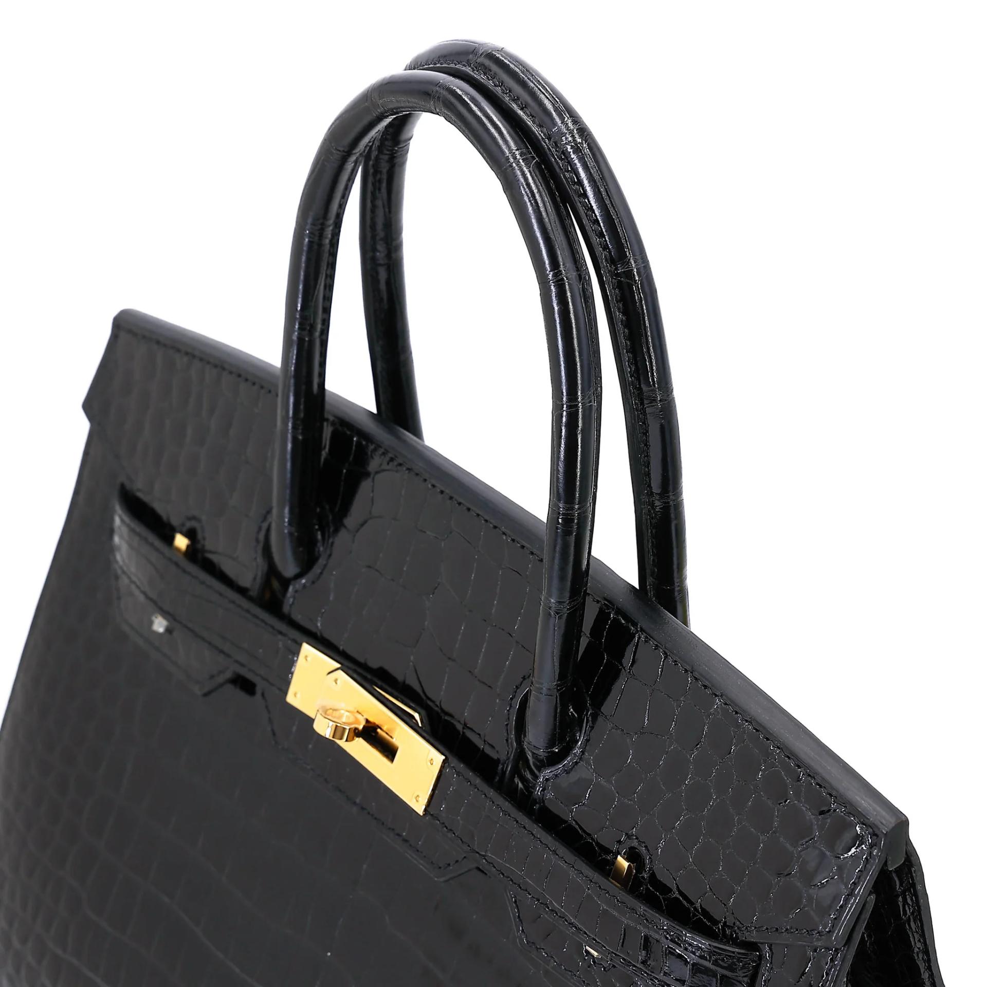 Excellent ( Rank SA ) HERMÈS Birkin 30 Sellier Noir (89) Shiny Porosus Crocodile Gold hardware Z (2021) - 3