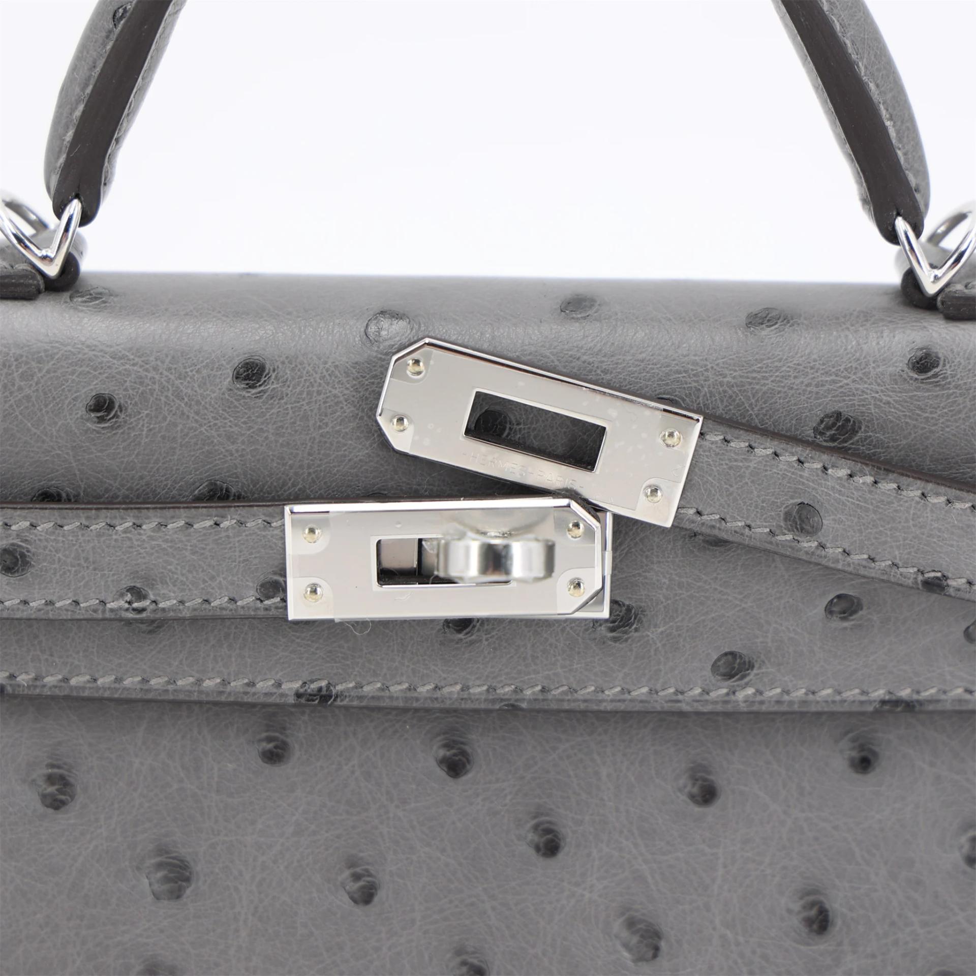 Brand New ( Rank N ) HERMÈS Mini Kelly II Gris Meyer (0L) Ostrich Palladium hardware G (2026) - 8