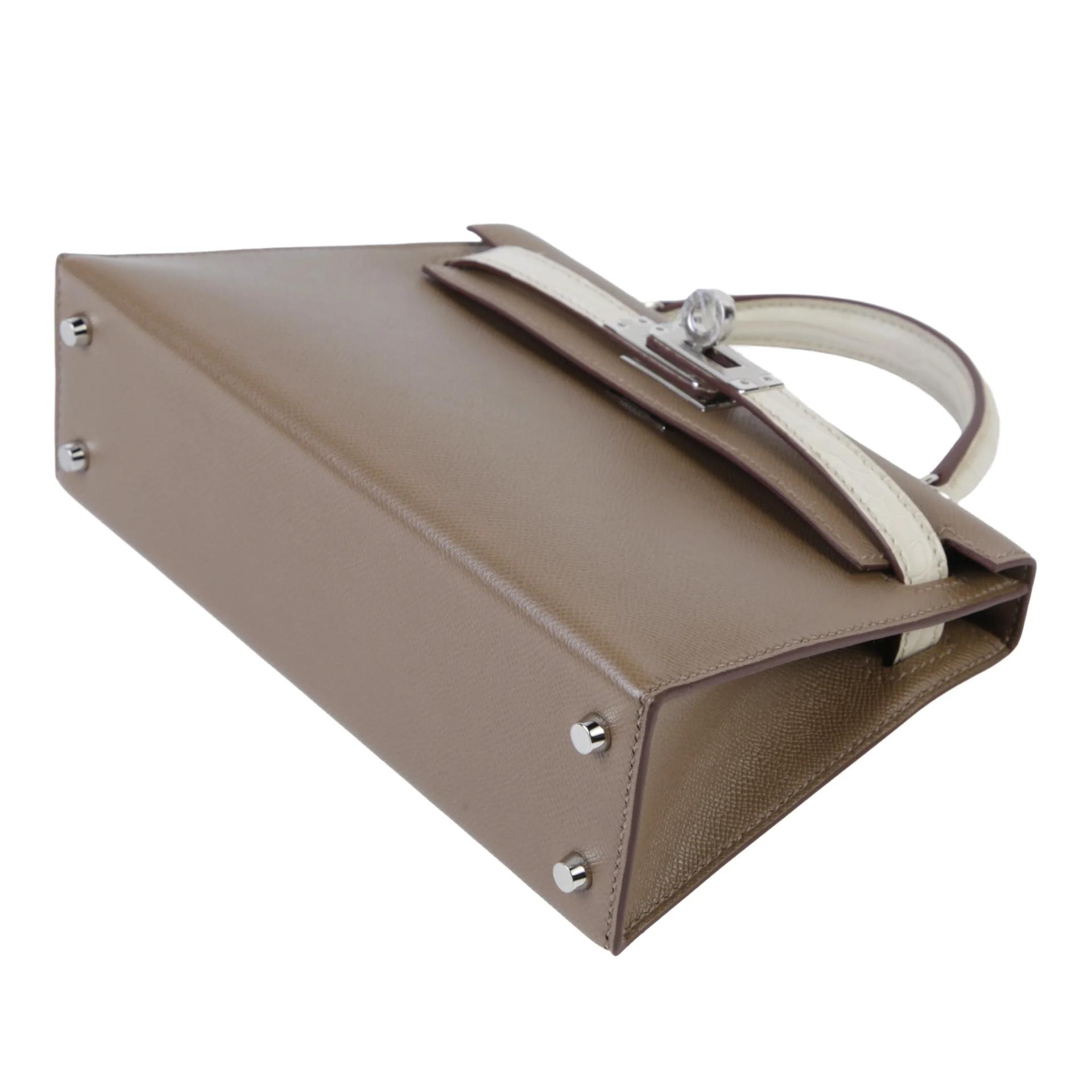 全新 HERMÈS 愛馬仕 Mini Kelly 二代 8L 冰川白 Beton 18 大象灰 Etoupe □ 短吻鱷 霧面 Madame皮 銀扣 K刻 2025年 - 5
