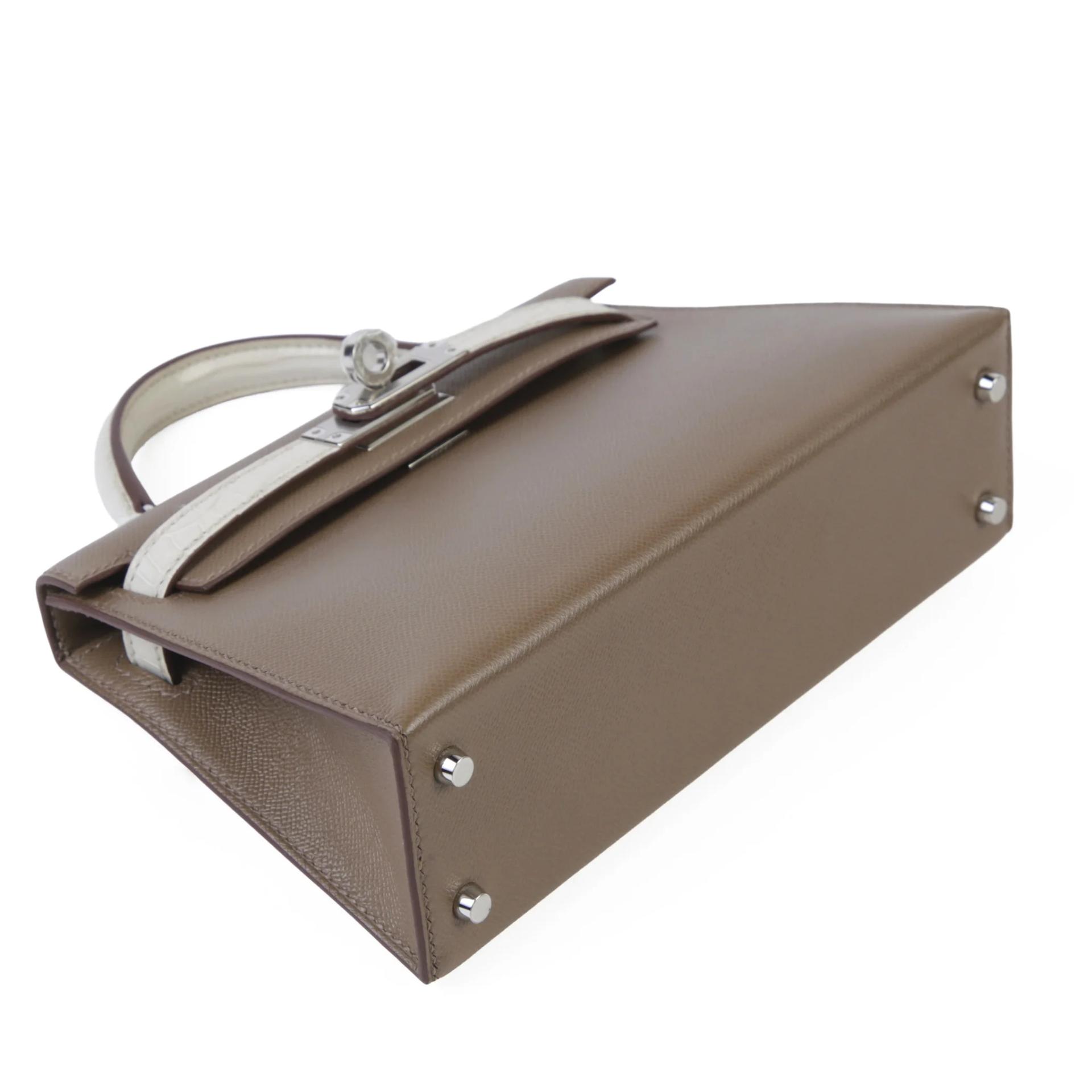 全新 HERMÈS 愛馬仕 Mini Kelly 二代 8L 冰川白 Beton 18 大象灰 Etoupe □ 短吻鱷 霧面 Madame皮 銀扣 K刻 2025年 - 4