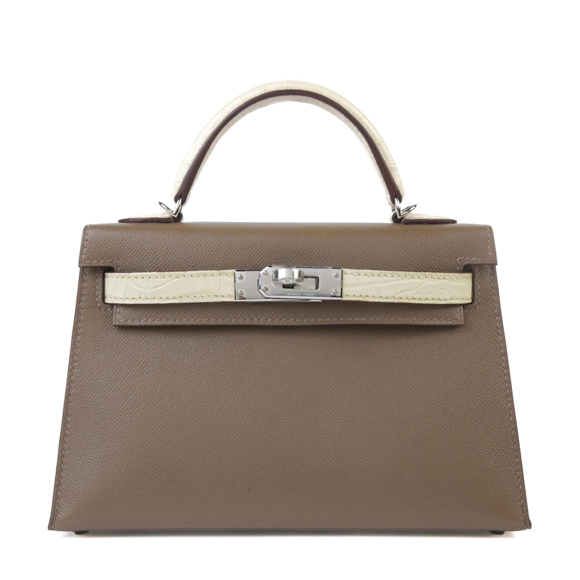 全新 HERMÈS 愛馬仕 Mini Kelly 二代 8L 冰川白 Beton 18 大象灰 Etoupe □ 短吻鱷 霧面 Madame皮 銀扣 K刻 2025年 - 1