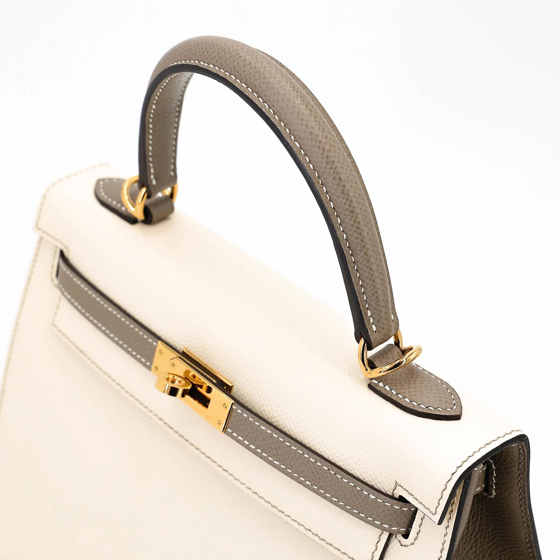 A美品 HERMÈS 愛馬仕 馬蹄印定制 Kelly 25 外縫 HSS 10 奶昔白 Craie M8 銀河灰 Gris Asphalte Epsom牛皮 金扣 U刻 2022年 - 3