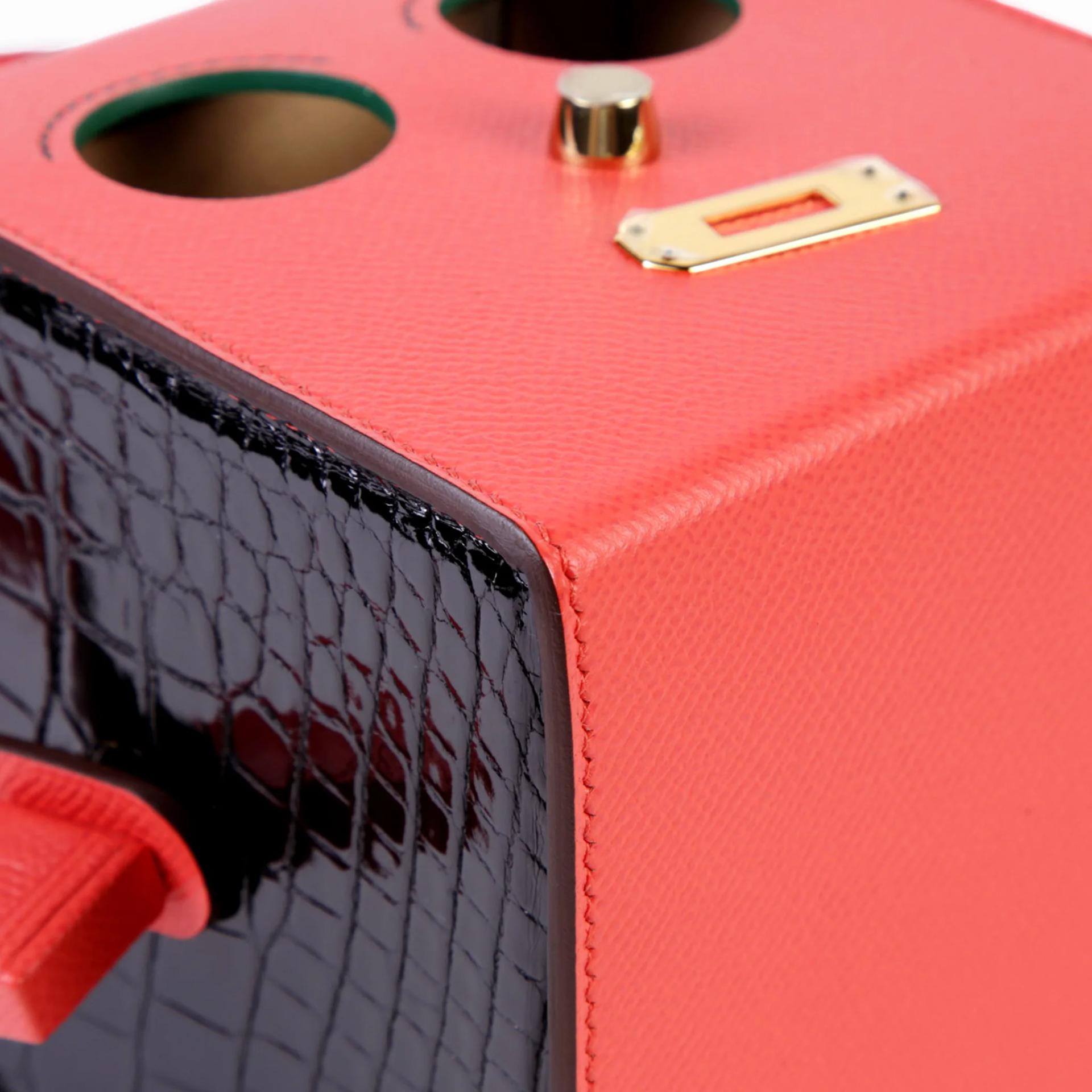 未使用保存品 HERMÈS 愛馬仕 限量收藏款 Robot Cube 迷你晚宴包 T5 蜜桃粉 Rose Jaipur 6Q 翡翠綠 Vert Emeraude 89 黑色 Noir (Black) □ 短吻鱷 亮面 Epsom牛皮 金扣 - 8