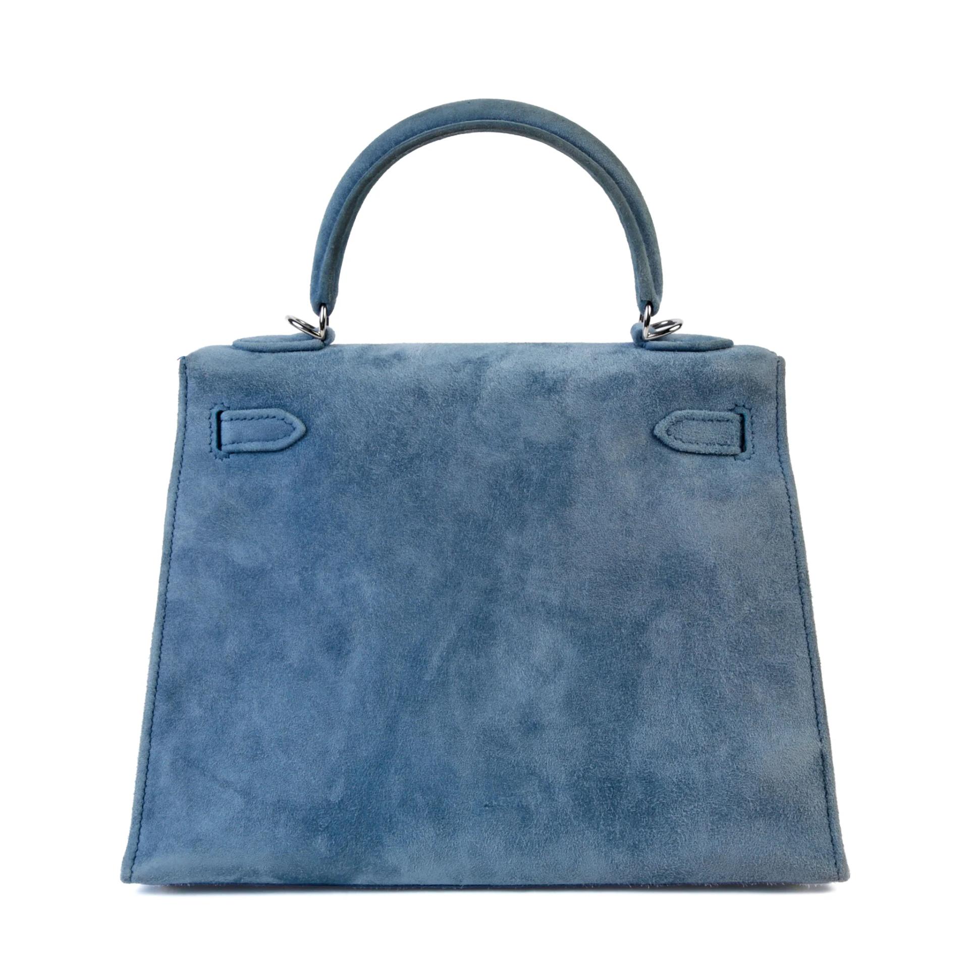 中古AB HERMÈS 愛馬仕 Kelly 25 外縫 7A 海藍色 Bleu Thalassa Doblis Suede 麂皮 銀扣 □D刻 2000年 - 2