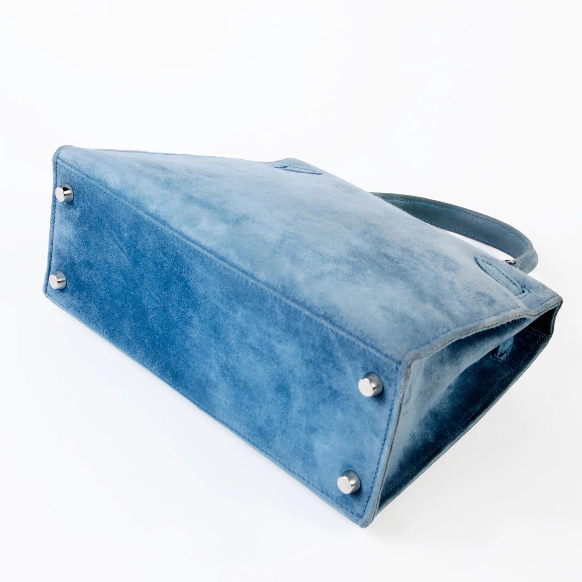 中古AB HERMÈS 愛馬仕 Kelly 25 外縫 7A 海藍色 Bleu Thalassa Doblis Suede 麂皮 銀扣 □D刻 2000年 - 7