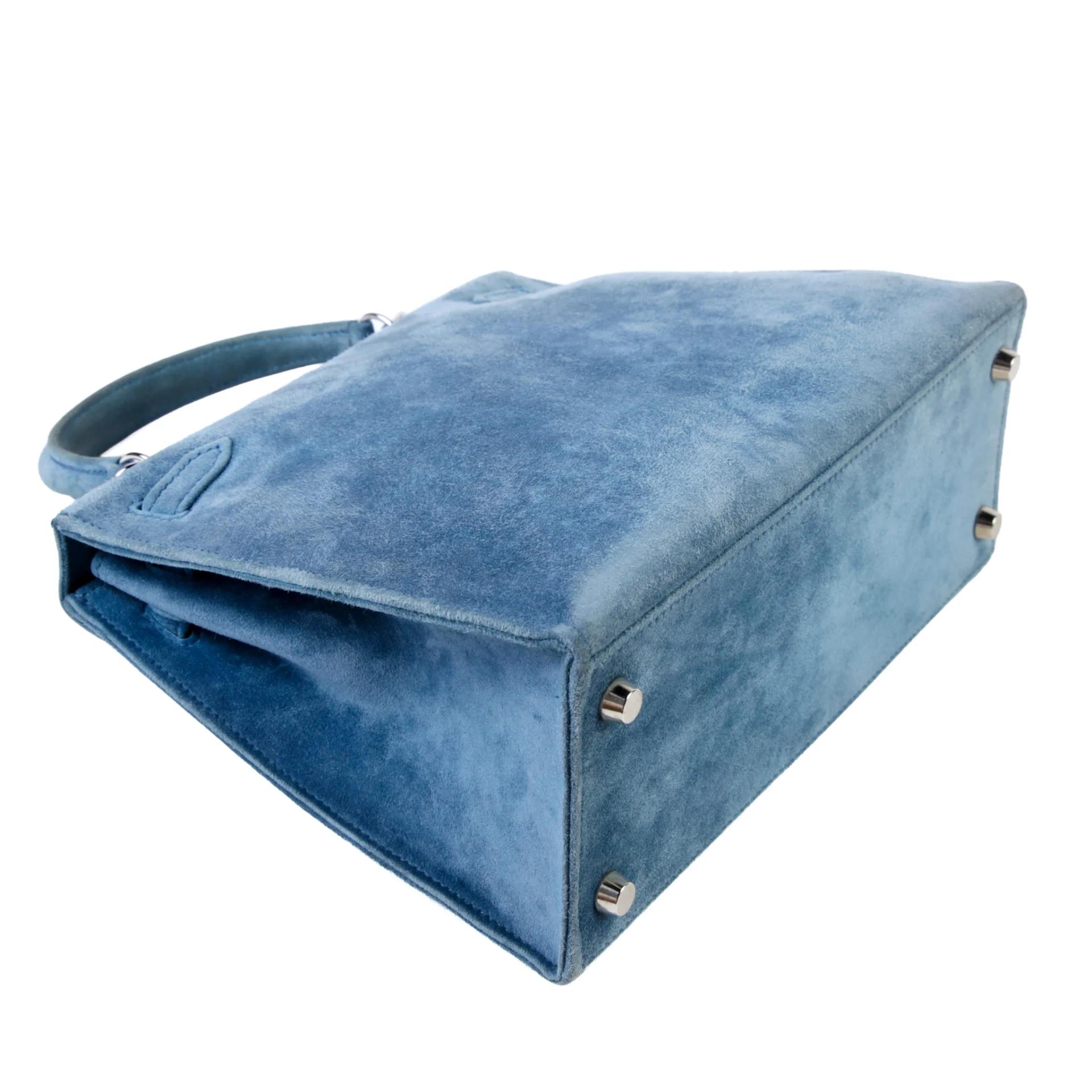 中古AB HERMÈS 愛馬仕 Kelly 25 外縫 7A 海藍色 Bleu Thalassa Doblis Suede 麂皮 銀扣 □D刻 2000年 - 6